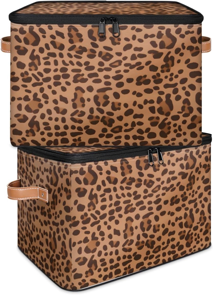 Storage Bin Set of 2 Animal Print Storage Basket with Zipper Lid & Handle Foldable Closet Shelf 2 Pack Cloth Organizer Basket Cube Bins Clothes Organizer for Bedroom, Nursery