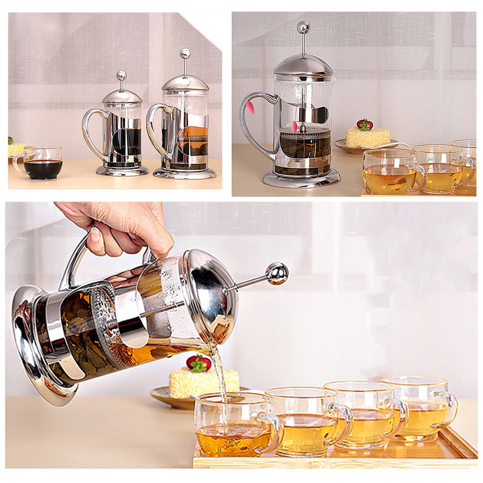 Caffettiere A Pistone, Caffettiera Francese in Acciaio Inox 304 con Sistema di Filtrazione A 3 Livelli, French Press Teiera Vetro Borosilicato, Resistente al Calore Durevole, Facile da Pulire