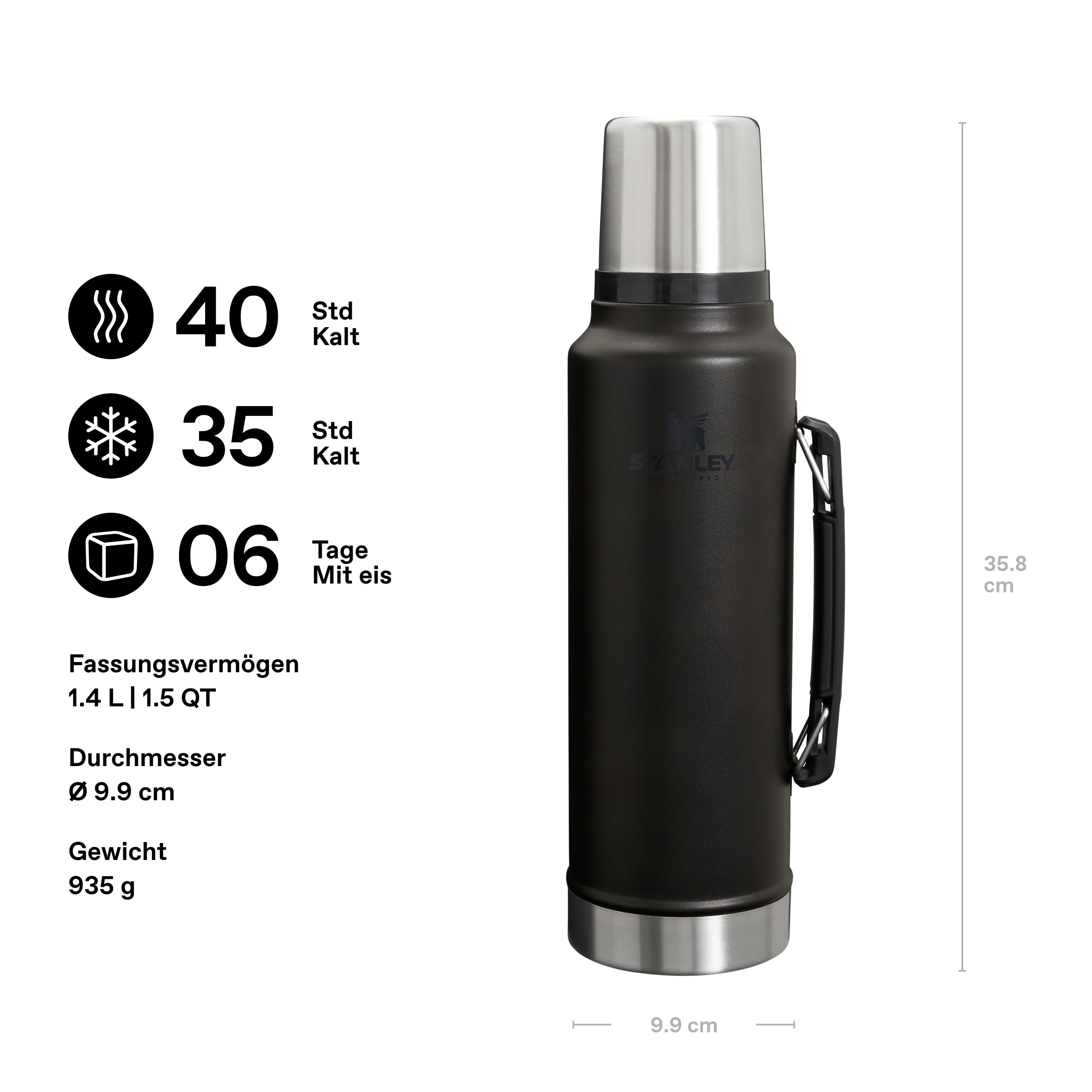 Stanley Classic Legendary Thermosflasche - Thermos Hält 40 Stunden Heiß Oder Kalt - Edelstahl Thermoskanne - BPA-Frei - Spülmaschinenfest - Black 2.0 1400 ml – Bild 2