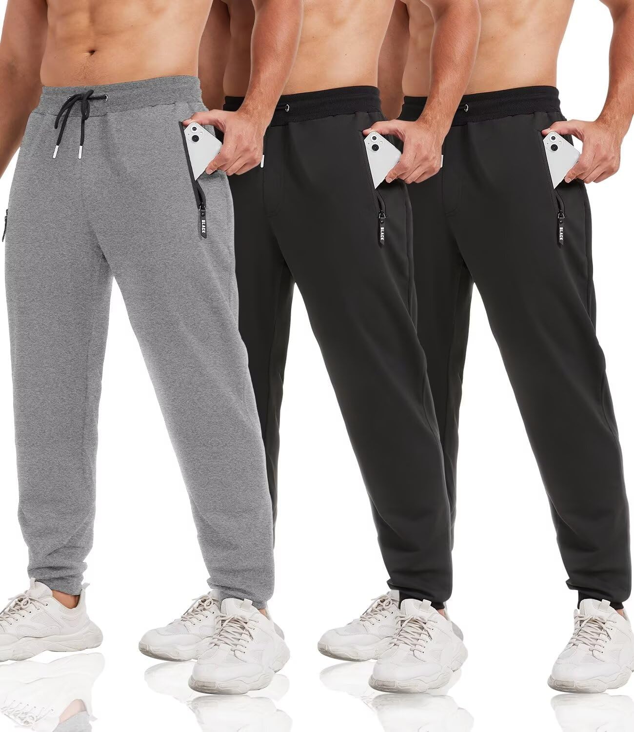 3 Pack Sweatpants for Men Tapered Mens Joggers Pants with Zip Pockets Slim Fit Running Gym Sweat Pants Gifts for Men