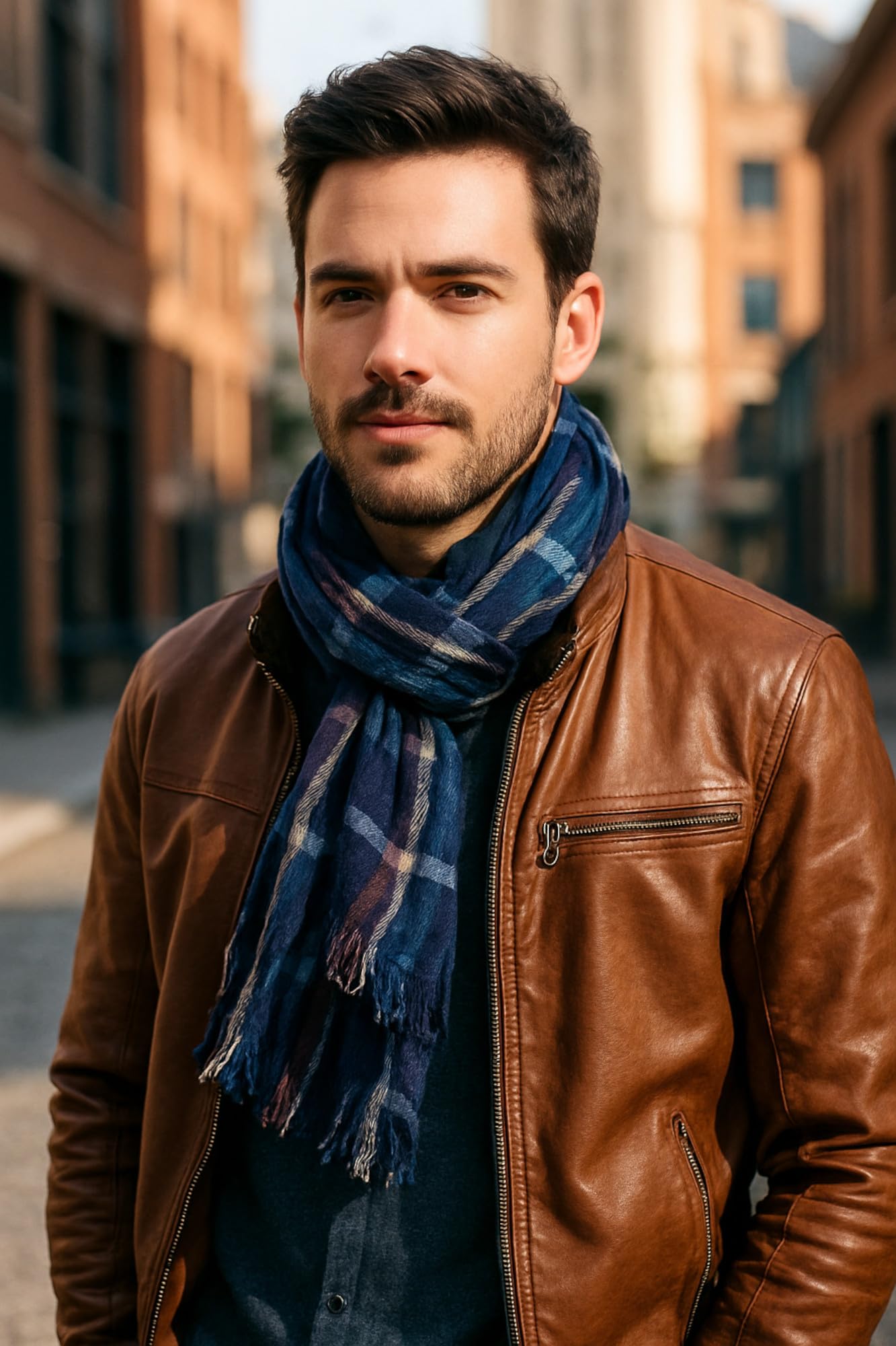 Ella Jonte schöner weicher Herrenschal Casual-Style blau beerenfarben gestreift Viskose