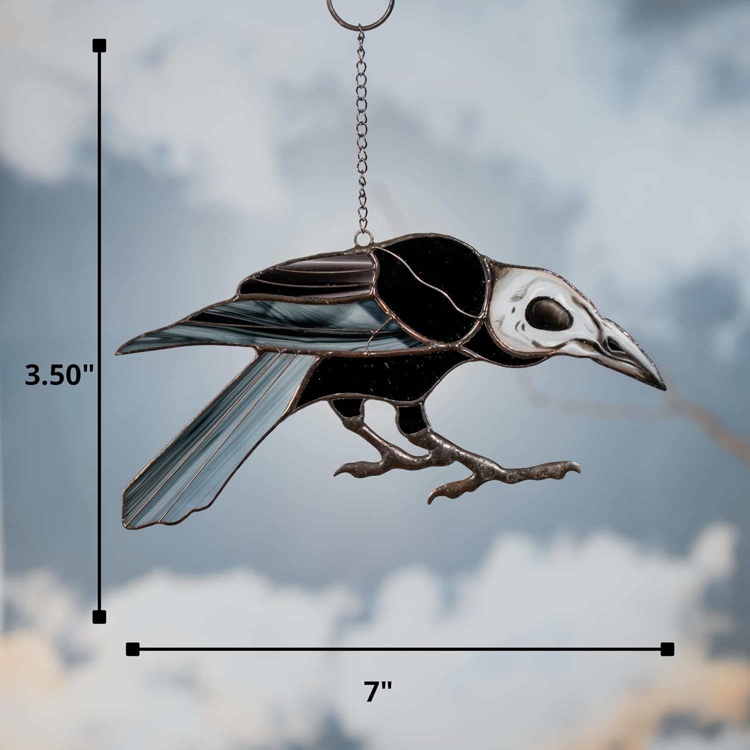 Halloween Stained Glass Window Hanging Suncatcher for Windows Panels Genuine Halloween Decor Spooky Sun Catcher Ornament Decoration Handmade Art (Raven Skull)