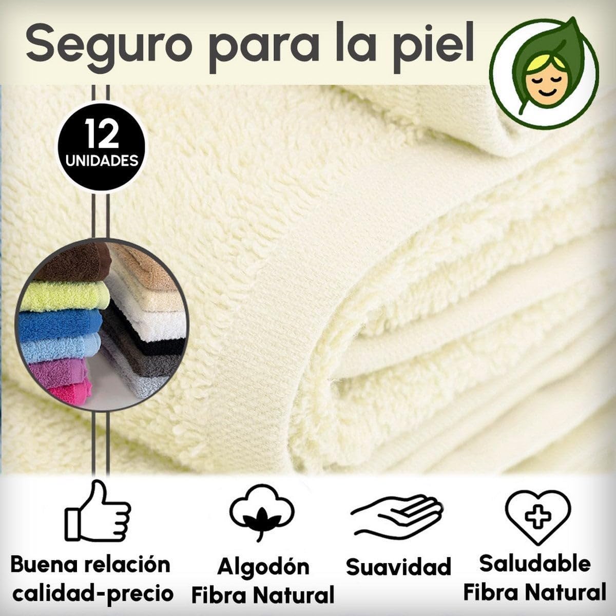 Juego de 12 Toallas de Mano Color Crema 100% algodón Rizo 100x50 cm | Tejido suave de gran gramaje con alta absorción. Aptas para lavadora, de uso diario.