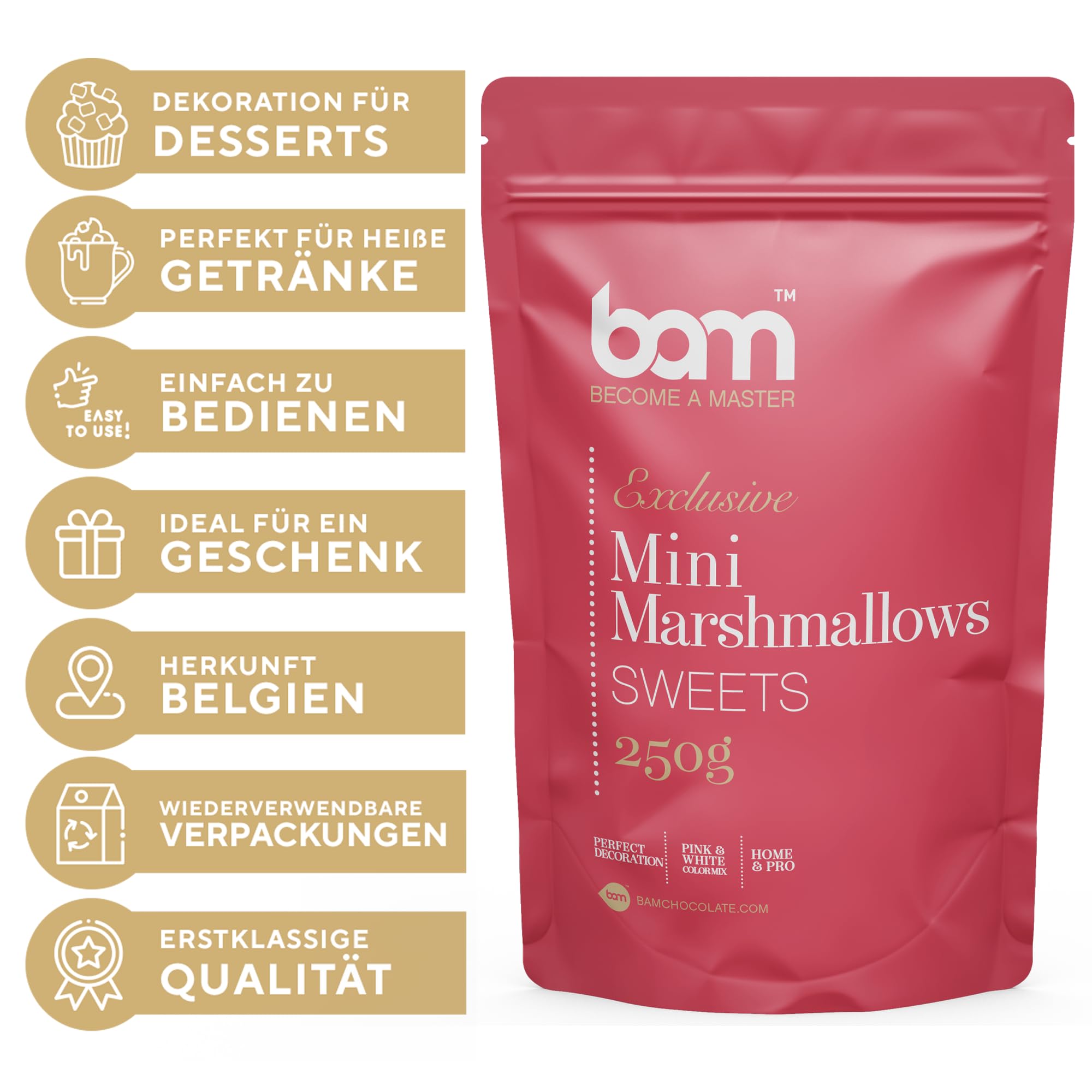 BAM Mini pianki marshmallows, posypka do ciast, idealna do dekoracji ciast, różowa, kremowa i biała, 250 g