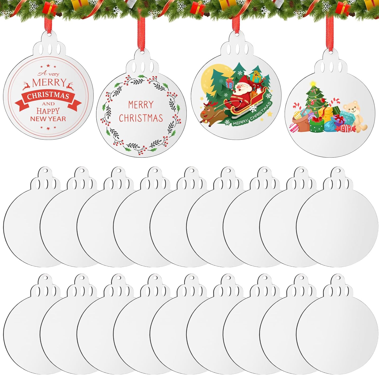 Jetec Christmas Sublimation Blank Pendants Double Side MDF Personalized Heat Transfer Blank Hanging Pendant White Sublimation Ornament with Red Ribbon for DIY(150 Pcs,3.5 x 2.9 x 0.1 Inch)