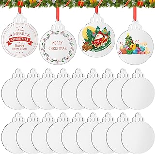 Jetec Christmas Sublimation Blank Pendants Double Side MDF Personalized Heat Transfer Blank Hanging Pendant White Sublimation Ornament with Red Ribbon for DIY(18 Pcs,3.5 x 2.9 x 0.1 Inch)
