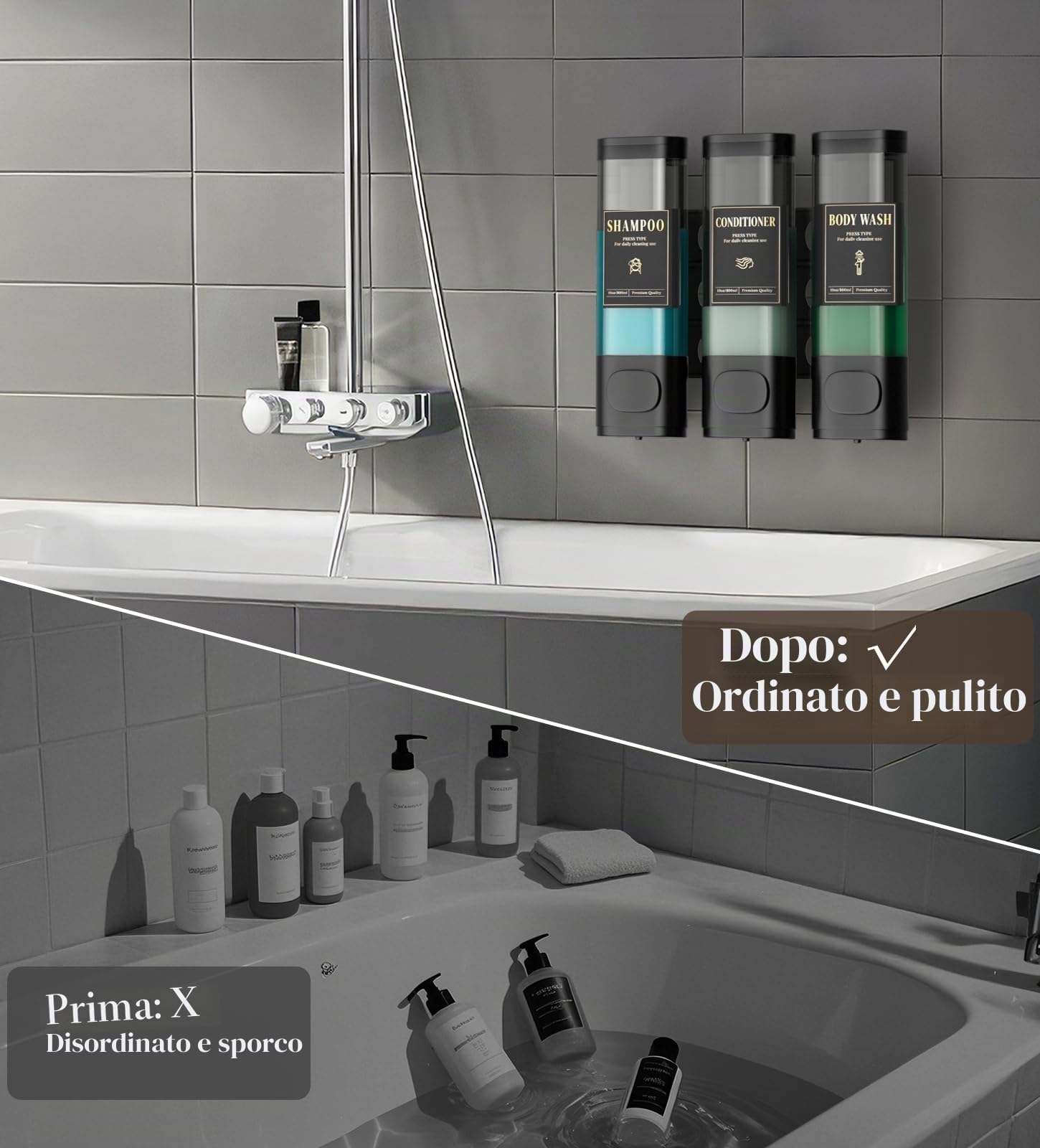 Luxspire Dispenser per Shampoo, Dispenser per Sapone da Doccia 3 Scomparti | Distributore da Parete con Serratura, Grande Capacità 900 ml, Senza Foratura, per Shampoo e Bagnoschiuma, per Bagno, Hotel