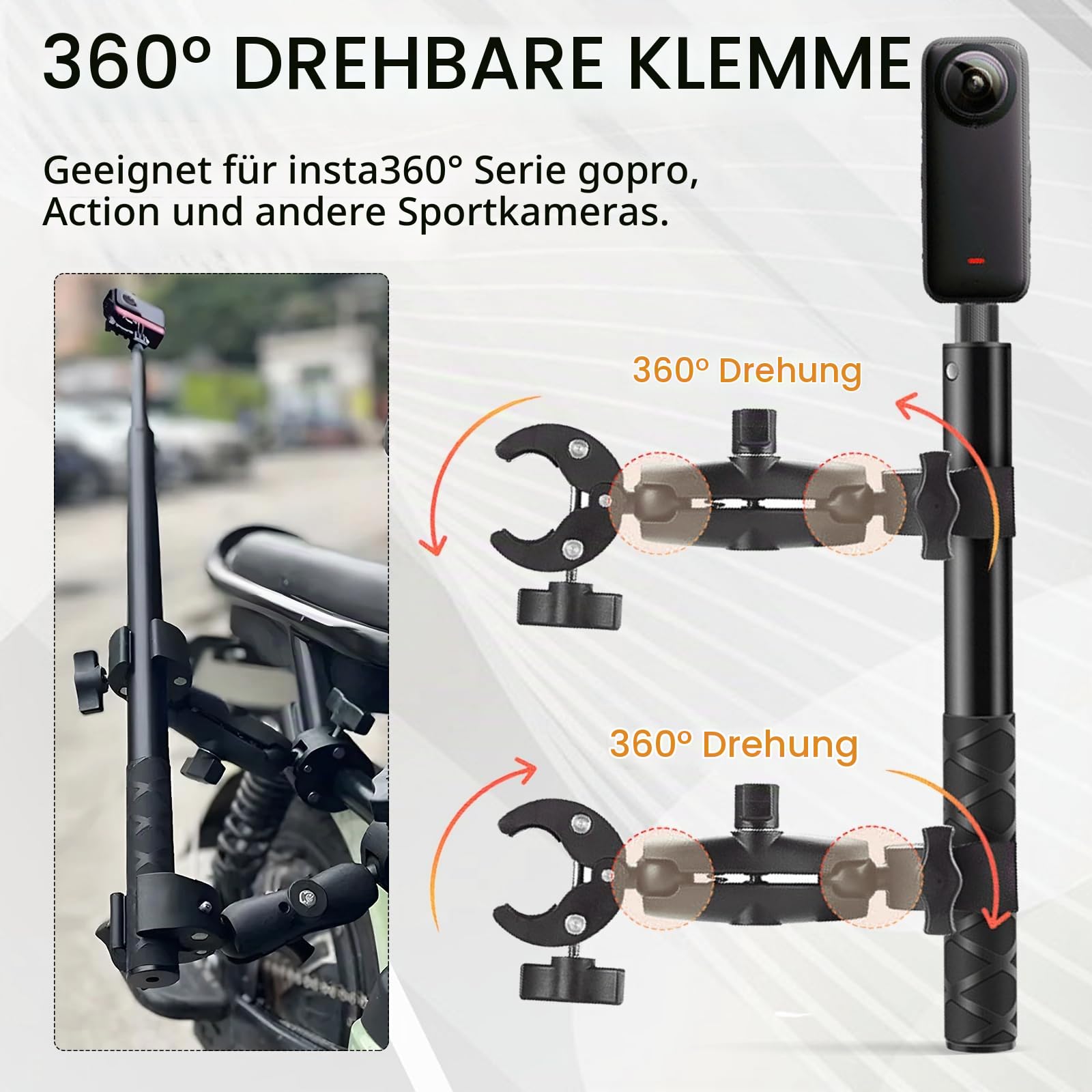 Actionkamera Motorrad Halterung, Zubehör für Insta360 x4, Motorrad Kit für Insta360 X4 X3 X2 360-Grad-Drehung, Doppelklemme Doppelte Stabilität Motorradhalterung Selfie-Stick für Motorradlenker