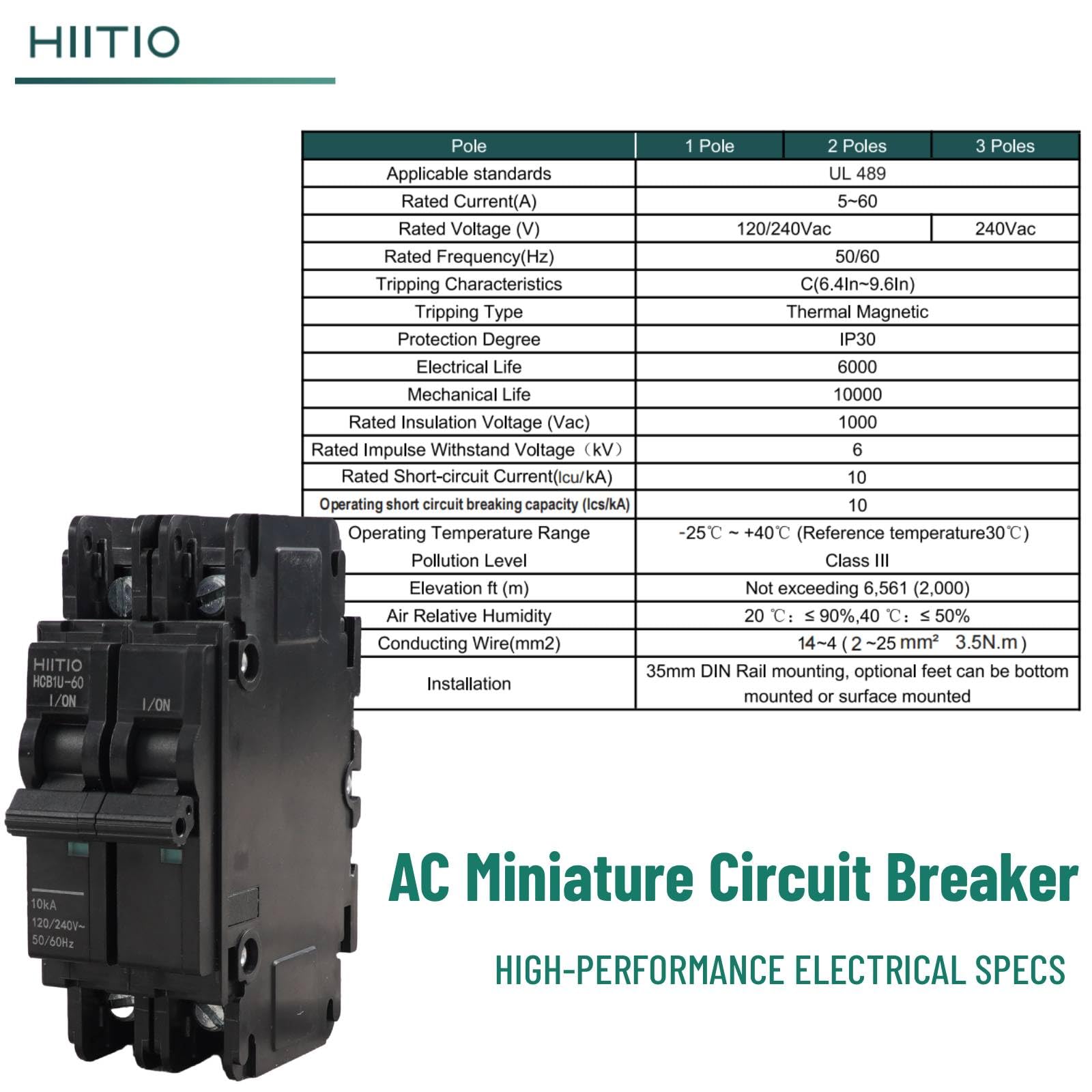 AC Miniature Circuit Breaker 60 Amp 120V/240V 2-Pole DIN Rail Mount (35mm) Circuit Breaker UL 489 Listed HCB1U-60 MCB Replacement for QOU260 for UEB1-70/60/2BBD — Amazon image 3