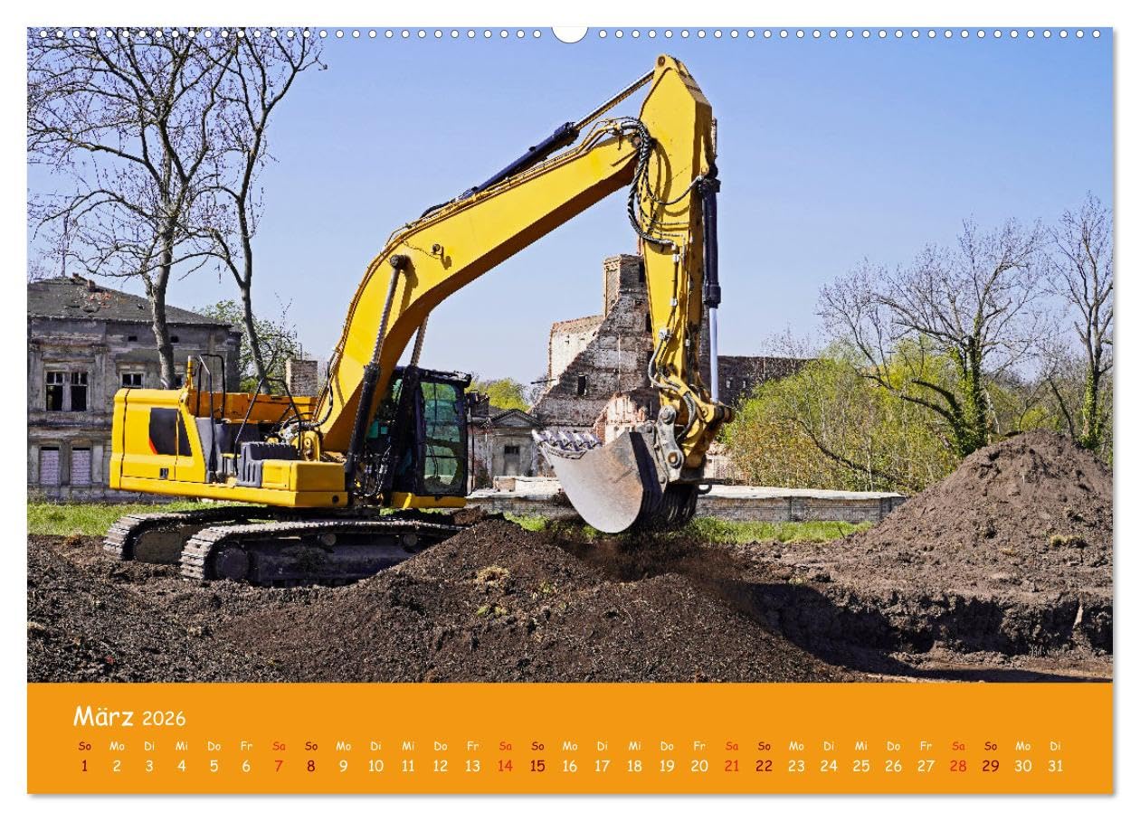 Baumaschinen im Einsatz (hochwertiger Premium Wandkalender 2026 DIN A2 quer), Kunstdruck in Hochglanz: Kran,Bagger,Walze,Raupe und LKWs auf einer Großbaustelle (CALVENDO Orte)