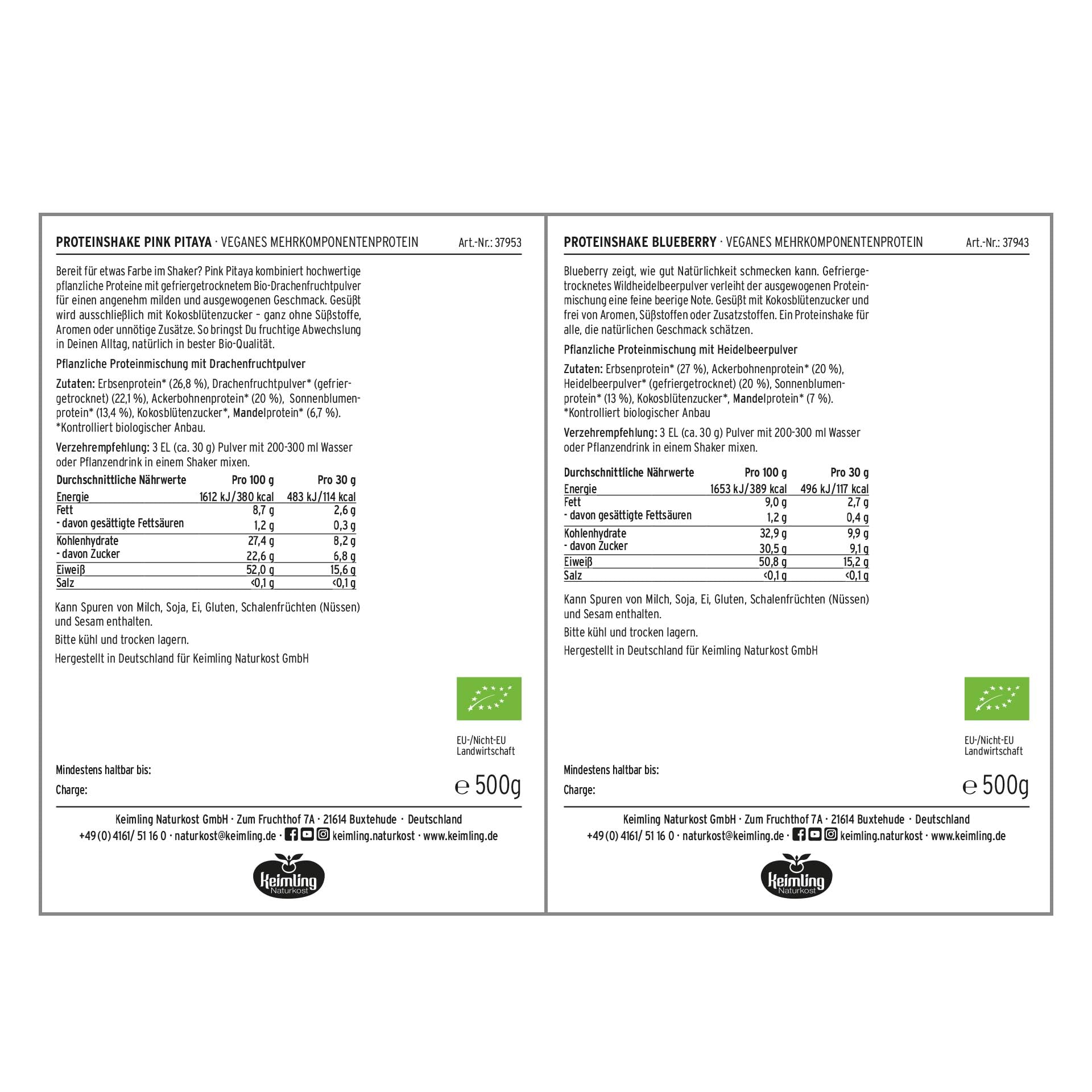 Keimling Bio Vegan Proteinshake Mix Bundle 2000 g – 4 vegane Proteinpulver Natural, Blueberry, Pink Pitaya & Pure Choc – pflanzliches Eiweiß in Bio-Qualität inkl. Glasshaker