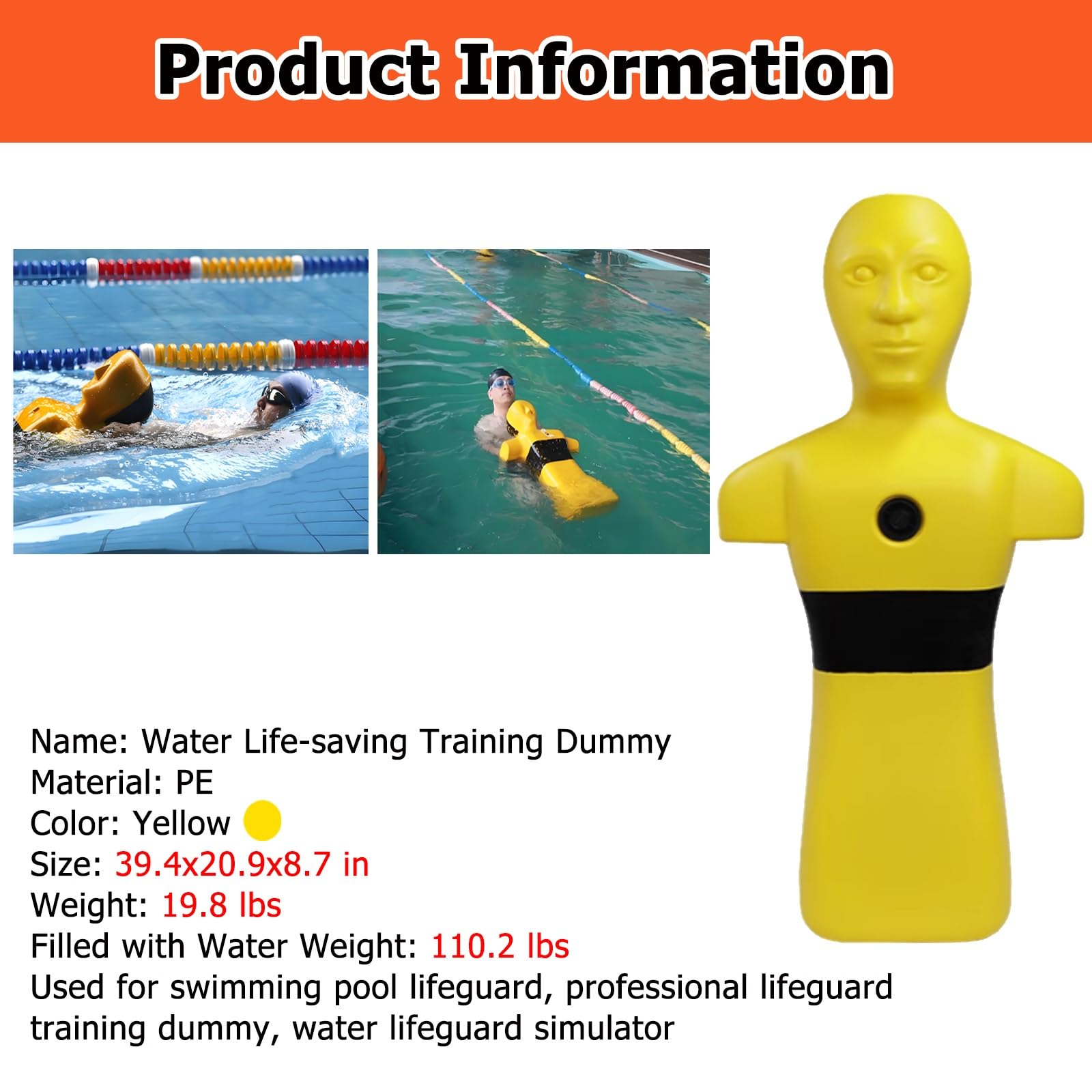 MZZKFC Pool Rescue Training Dummy 4 Pack, Realistic PE Water Rescues Training Dummys with 3 Holes, Can Add Water and Sand?40in Water Life-Saving Training Manikin Orange & Yellow(4 pcs Yellow)