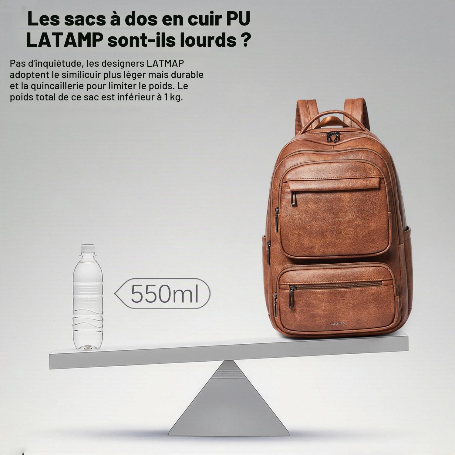 LATMAP Sac à Dos Femme 43L,PU Cuir Backpack Antivol Sac a Dos Scolaires Déperlant Sac College Fille Mixte Idéal Affaires,Voyage,Scolaire Collège,couleur café