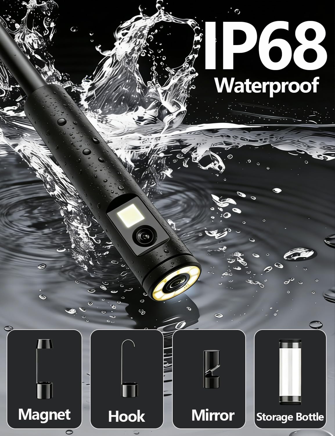 Telecamera endoscopica a doppia lente con luce, boroscopio HD 1920P con 8 LED regolabili, cavo a serpente semirigido da 5 m, strumento di ispezione impermeabile IP68 per iPhone, Android