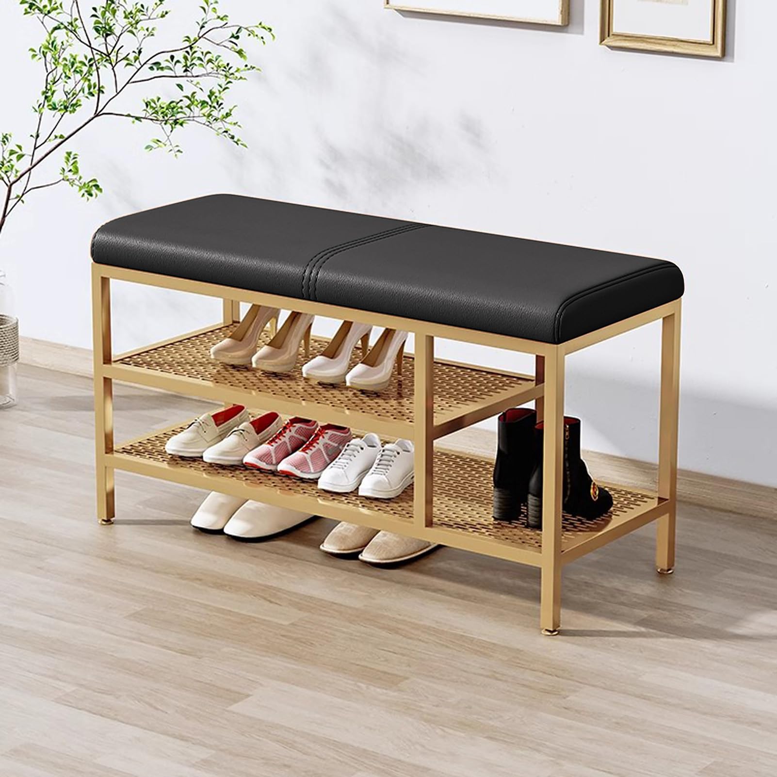 MSHGSKU Gold Metal 3 Tier Shoe Rack Bench Upholstered Ottoman Storage for Entryway Hallway & Bedroom – Stylish & Functional Shoe nizer with Comfortable Seating