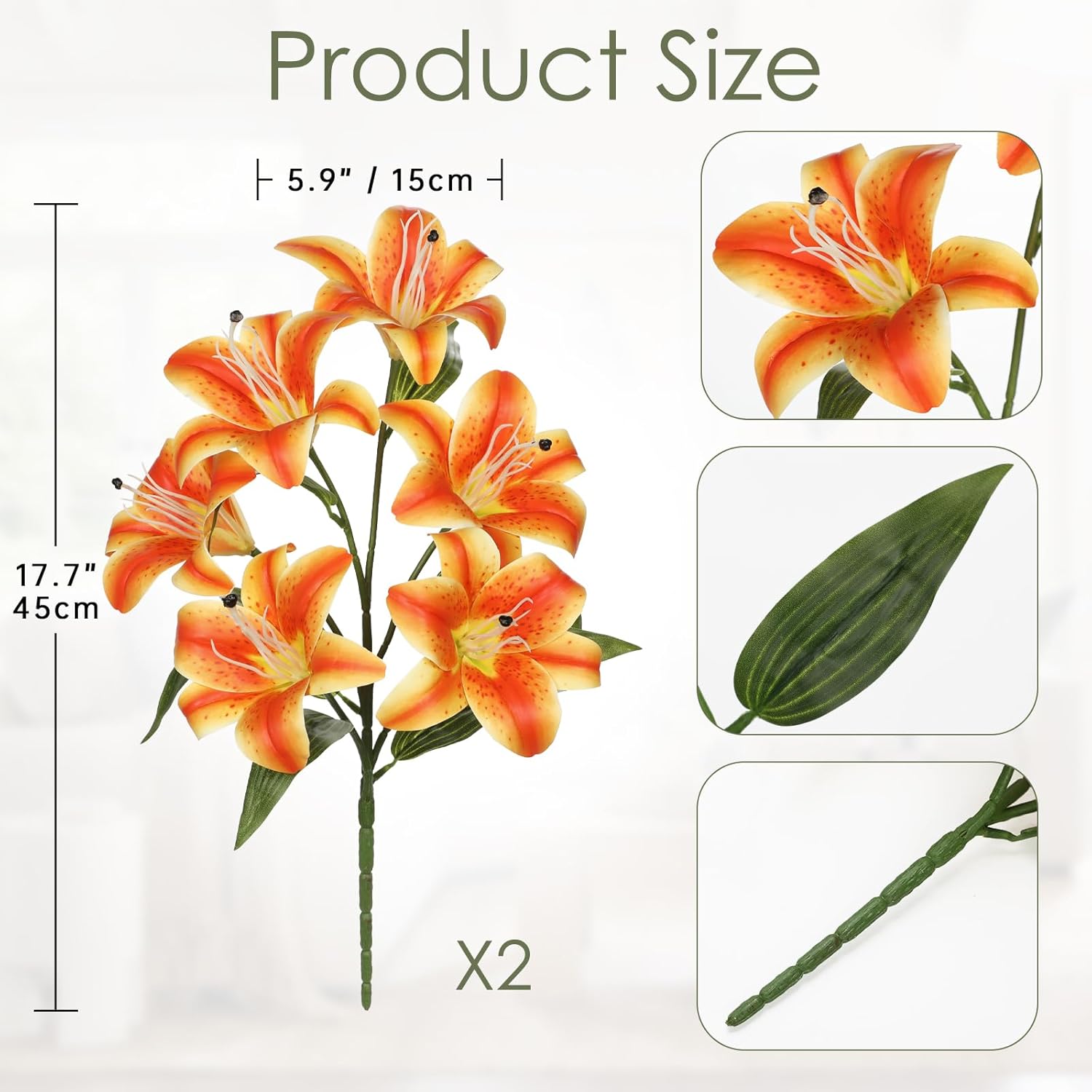 Hollyone 6 Heads Orange Artifical Lily Flowers 2Pcs Fake Fall Flowers Artificial for Decoration Faux Stargazer Lilies Flowers Bush Arrangement Bouquets Lily Stem for Indoor Outdoor Home Fall Decor - Image 2