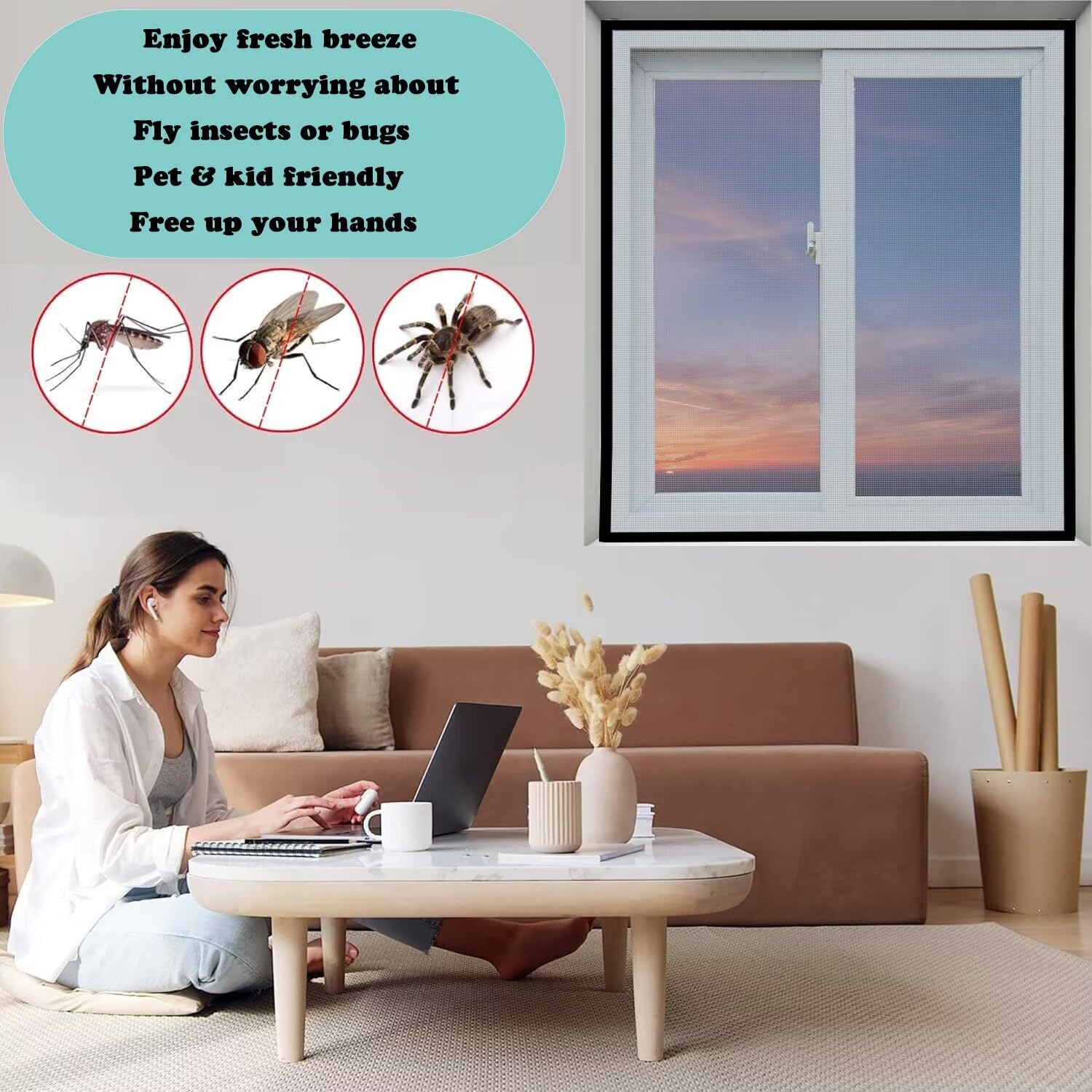 Fliegengitter BalkonFenster 165x195cm Insektenschutz Tür mit Klettband, Fliegengitter vorhang für Küche/Wohnzimmer/Schlafzimmer,Schwarz