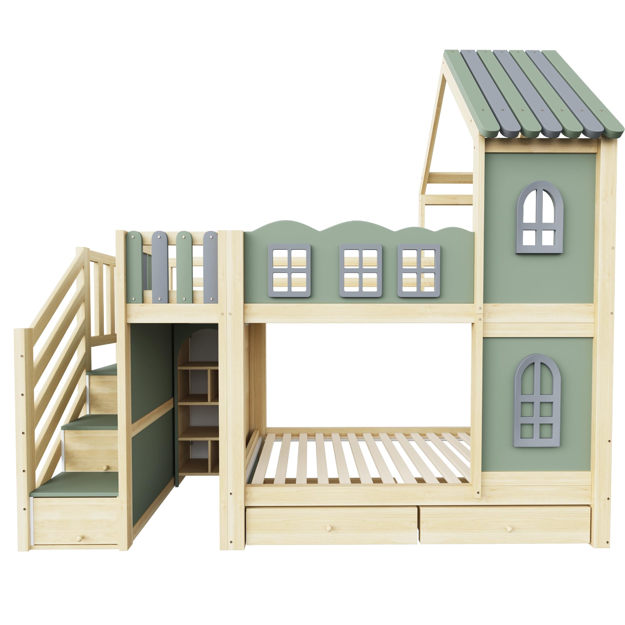 Letto Casetta per Bambini Ragazzi 90x200cm con Scaletta Contenitore, Mensole e Cassetti, Tetto con finestre, Letto a Castello Matrimoniale con Rete a Doghe (Verde) Senza Materasso
