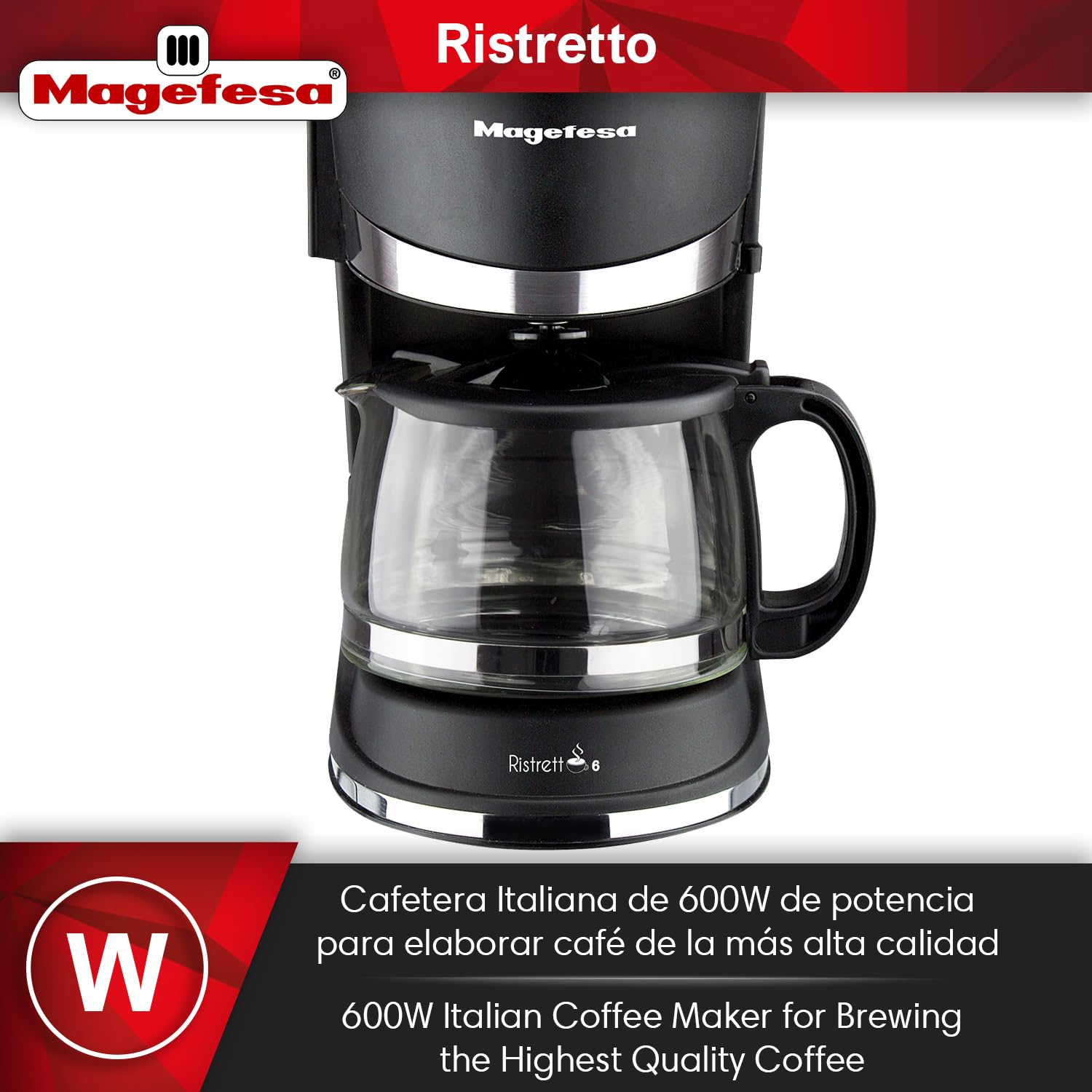 Magefesa Ristretto 600 - Caffettiera Elettrica da 6 Tazze, 600W, Sistema Anti-goccia, Filtro Rimovibile, Protezione da Surriscaldamento, Doppia Chiusura
