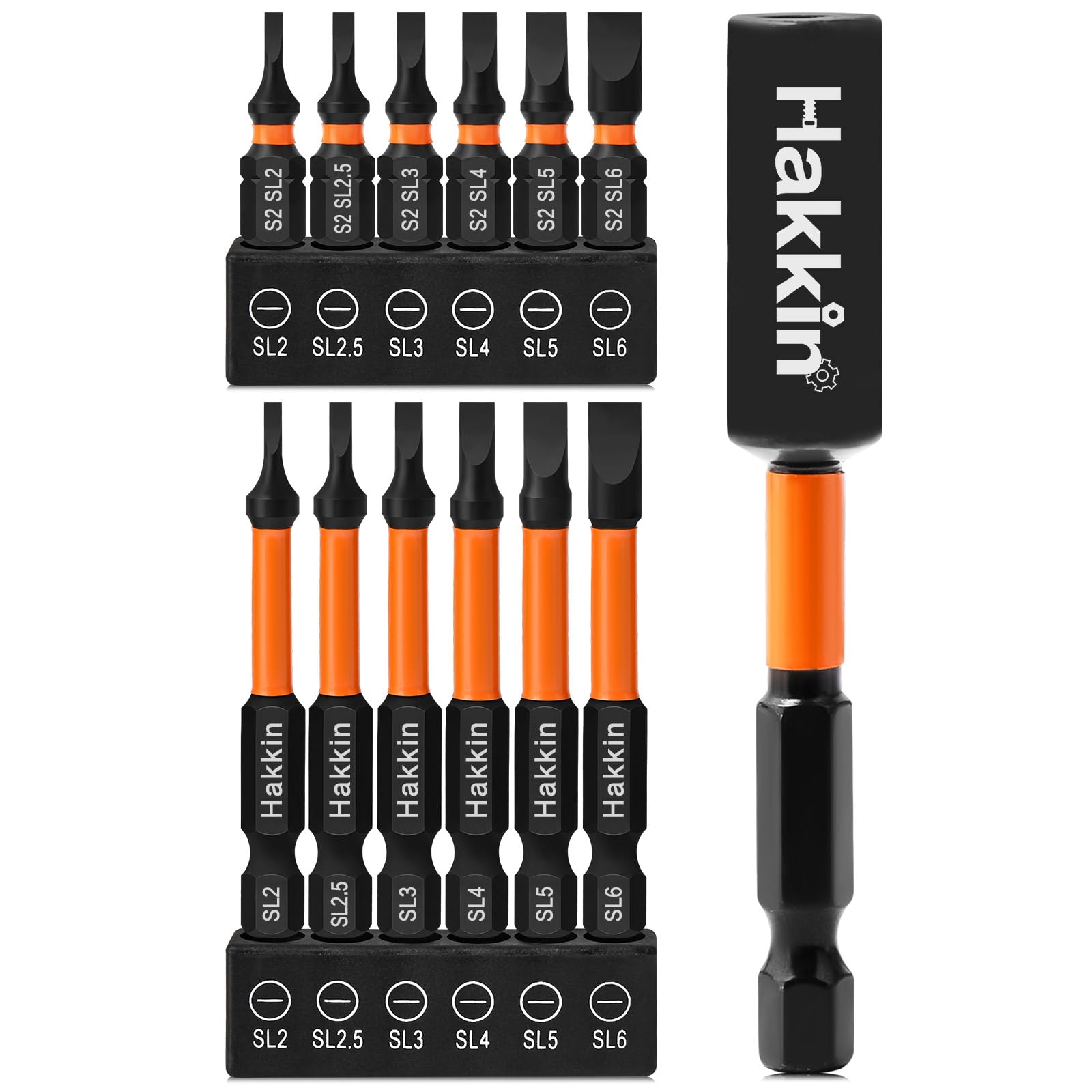 Hakkin 13Pcs Slotted Tip Screwdriver Bits S2 Steel Flat Head Magnetic Screwdriver Bit Set 60mm 25mm 1/4” Hex Shank Screwdriver Bit with 75mm Bit Holder Impact Power Tool Bit Set — image 1