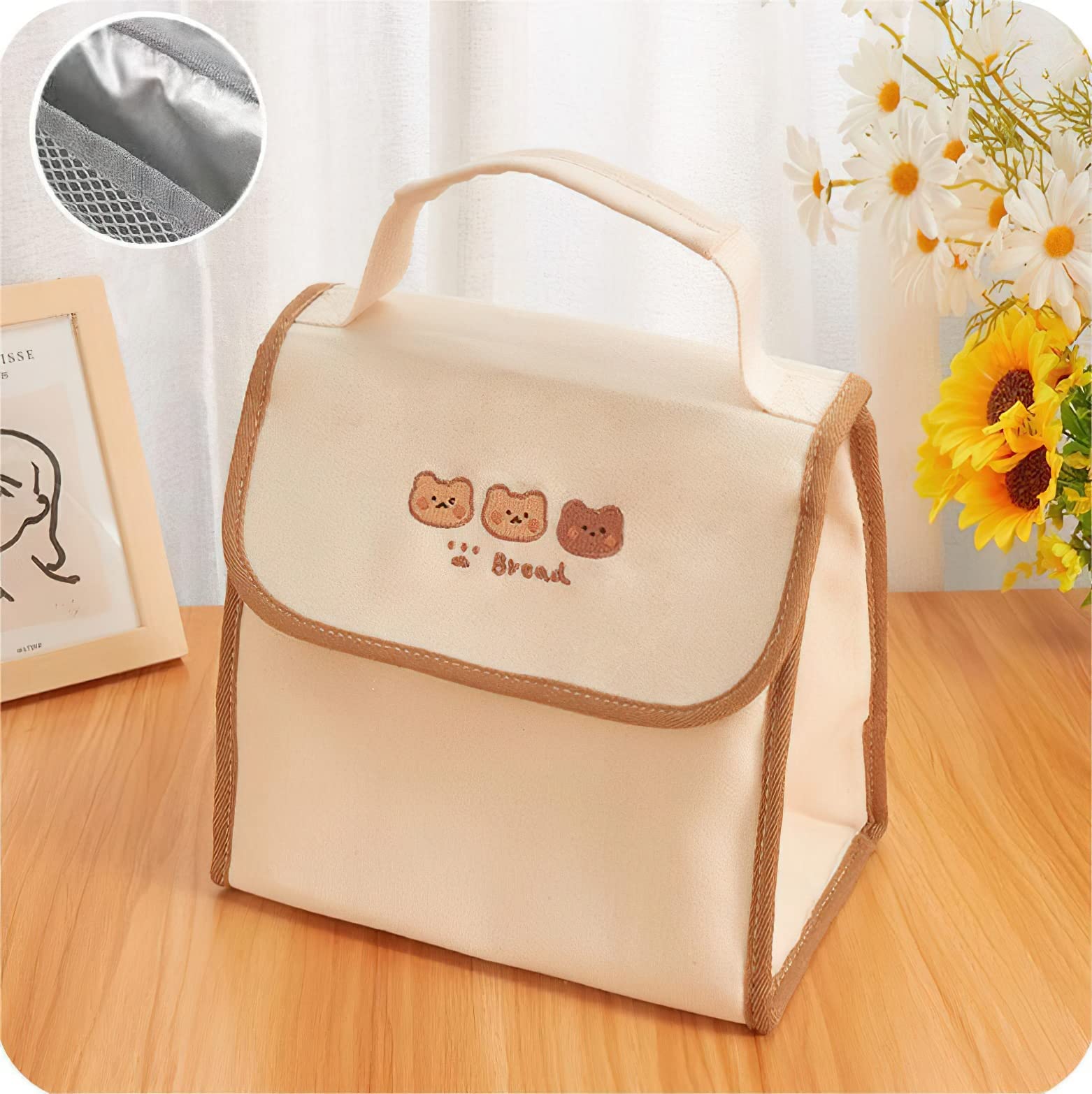 MAKINGTEC Lunch Bag Aesthetic Kawaii Cute Lunch Box Insulated Leakproof Waterproof Durable for Women Girls Kids Office School (Bear-Flip)