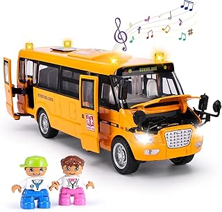 School Bus Toy, Die Cast Model Car with Flashing Lights & Sounds, Friction Powered, Back & Side Doors Open, Large Yellow Metal Toy Vehicles, Play Bus Easter Gift for Kids Toddlers Ages 3+