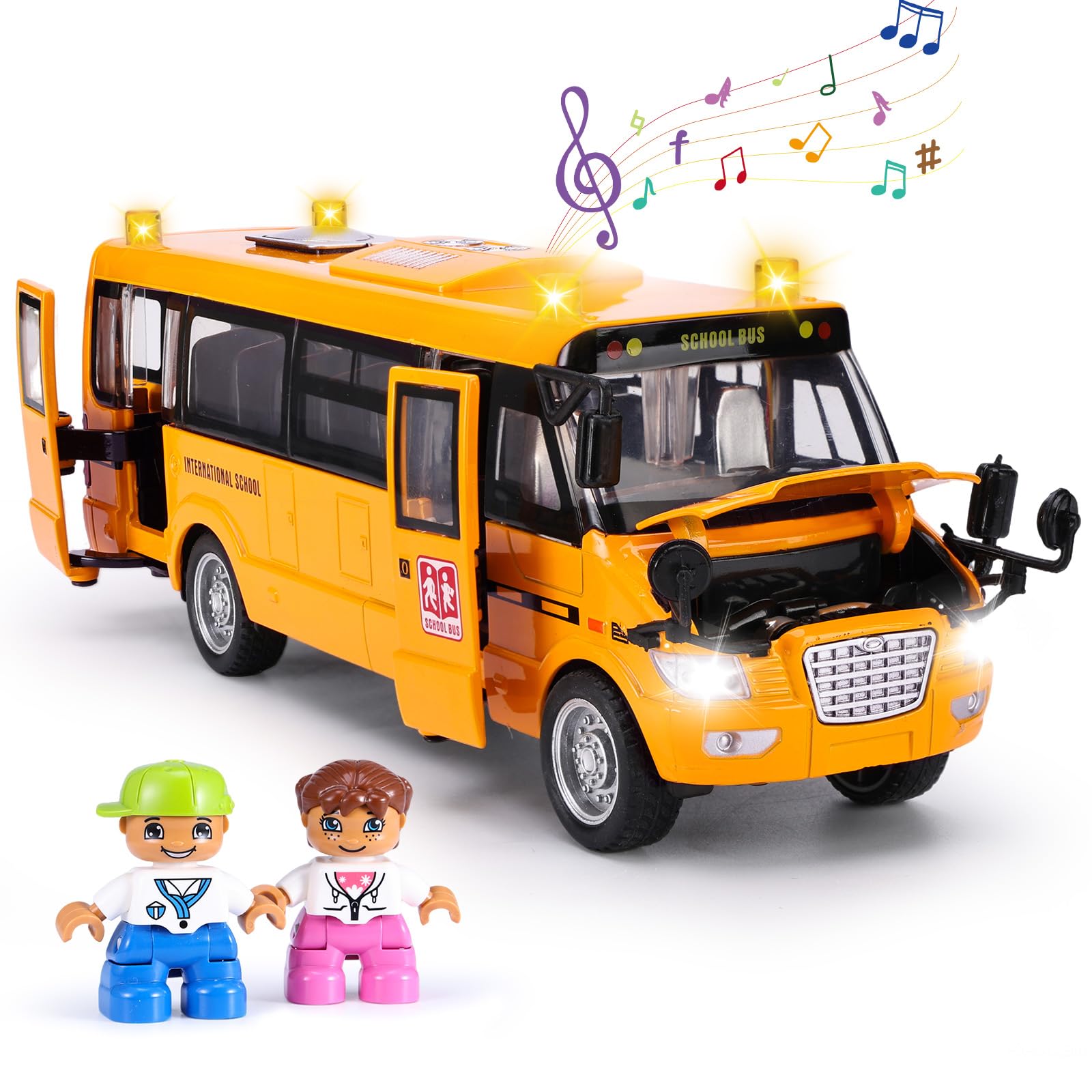 School Bus Toy, Die Cast Model Car with Flashing Lights & Sounds, Friction Powered, Back & Side Doors Open, Large Yellow Metal Toy Vehicles, Play Bus Easter Gift for Kids Toddlers Ages 3+