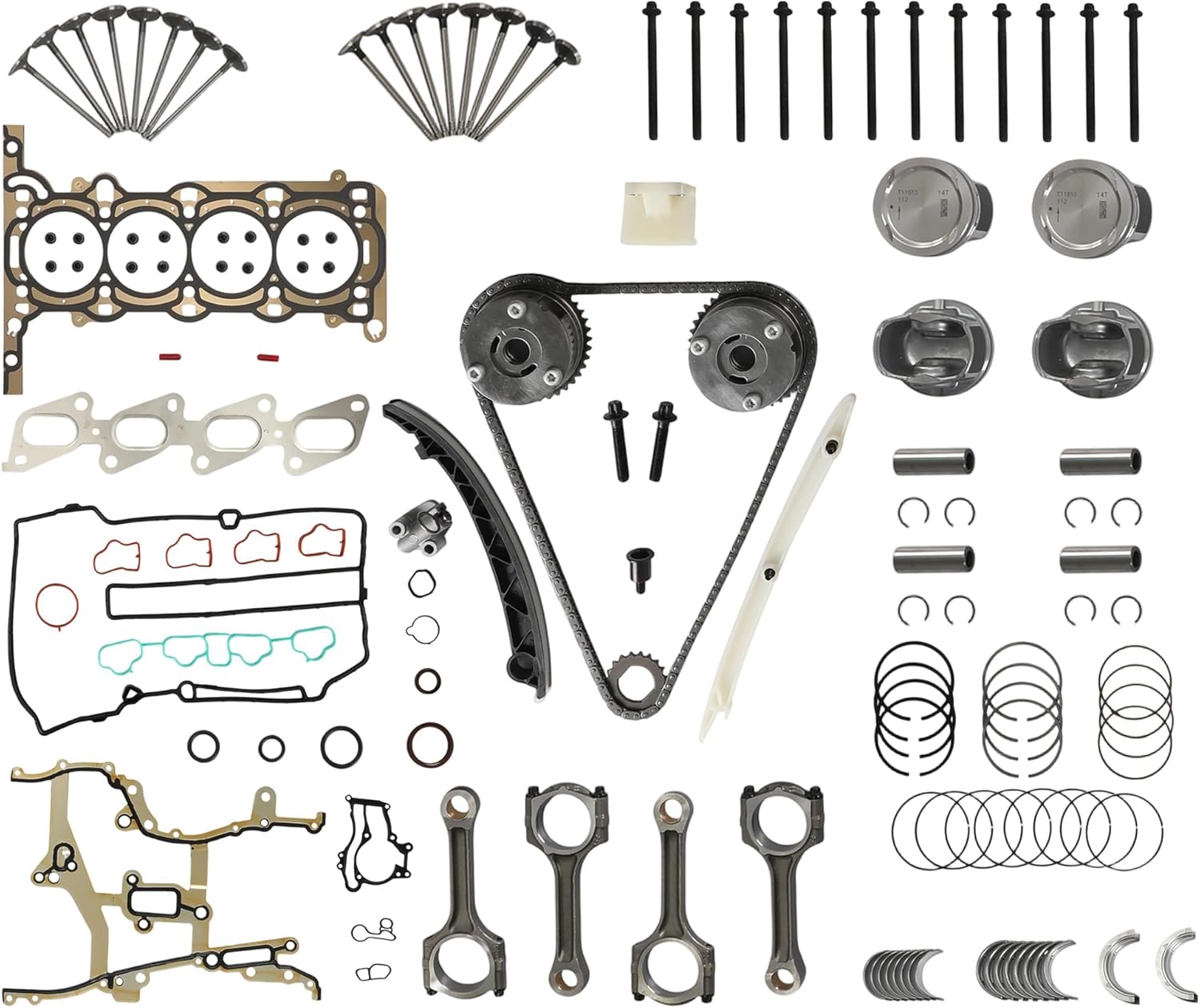 Engine Head Gasket Set w/Bolts Kit Timing Chain Kit w/VVT Sprocket Piston & Ring Kit Con Rod & Main Bearing Fit For GMC Chevy Cruze Buick Sonic Encore Trax 1.4L 2011-2016 HS26540PT-1 TS0981 052-4010
