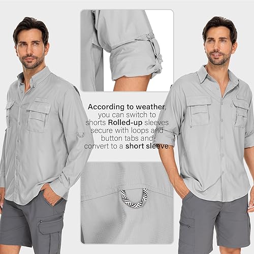 Vista 3 de Camisas de safari para hombre, manga larga, protección UV, senderismo, pesca, UPF 50+, secado rápido, camisas de viaje para campamento