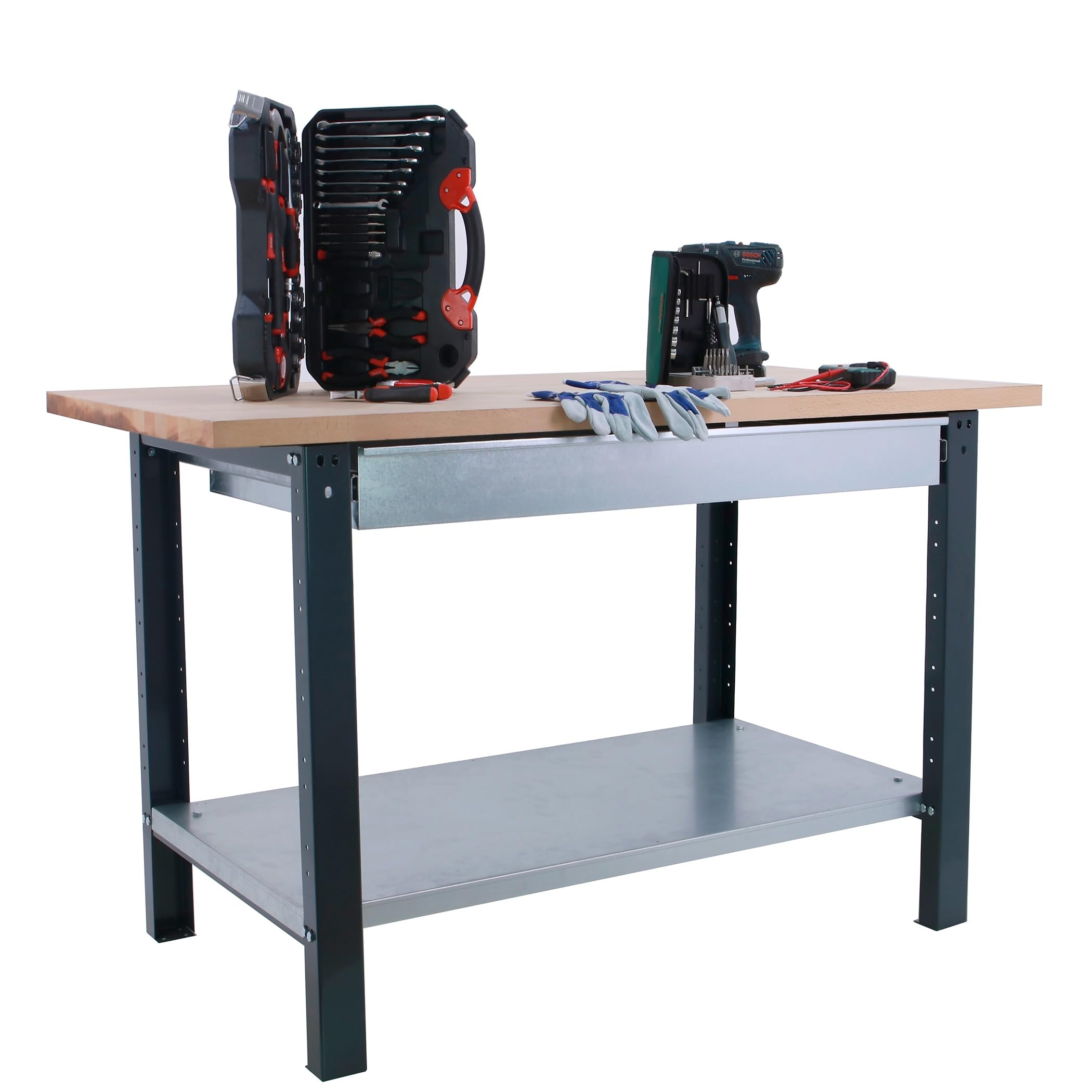 SimonRack Banco de Trabajo Taller, Capacidad Carga 1000 kg, 865x1800x750 mm, Mesa de Trabajo, 1 Cajón, Antracita/Haya - BT6 PRO | Tablero Madera Alistonada 32 mm, Capacidad Carga 1000 kg, Madera Haya, Antracita , Pintura anticorrosión