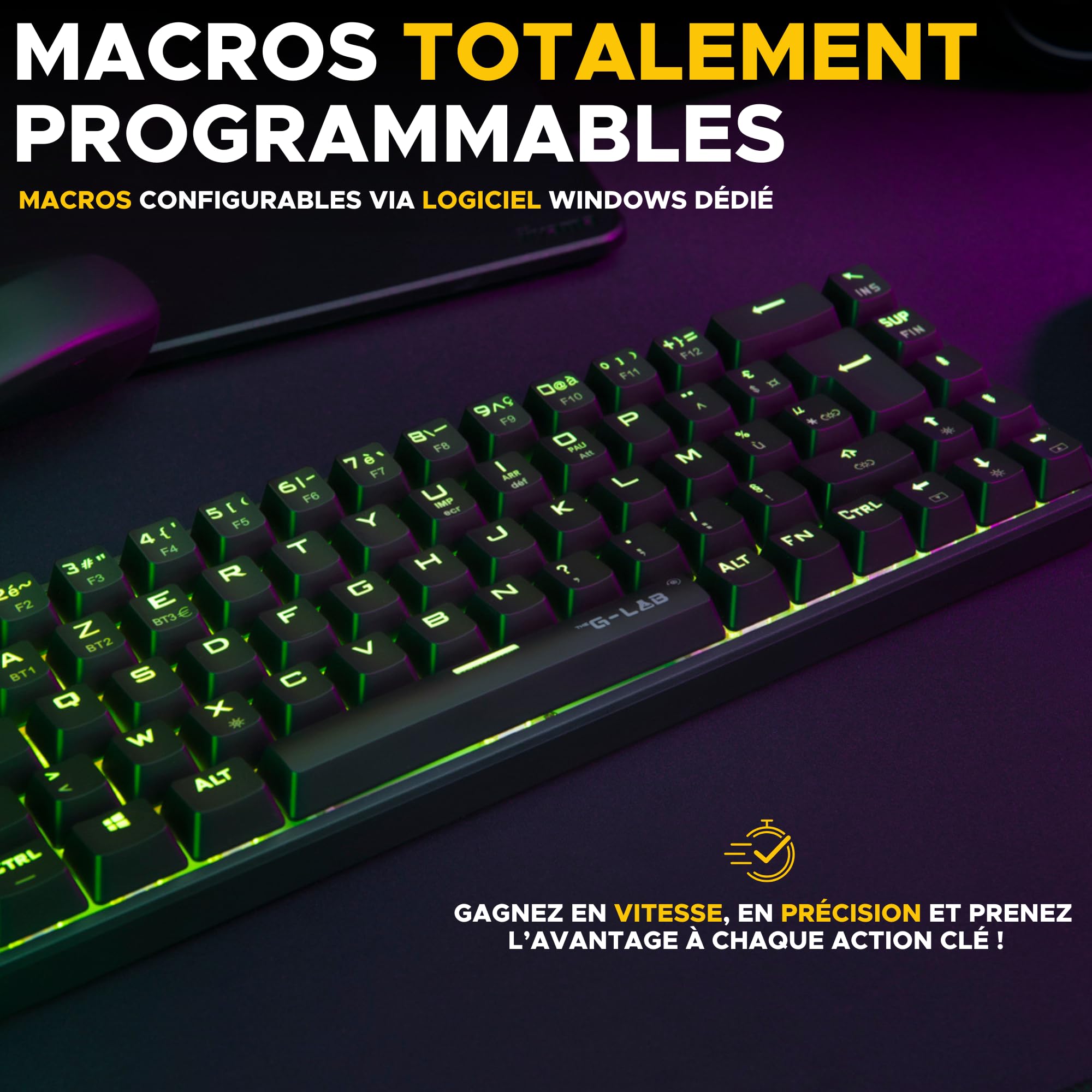The G-Lab - Keyz Titanium - Clavier Gaming 65% AZERTY, USB - Clavier Mecanique Switch Rouge - RGB 100% Personnalisable, Anti-Ghosting, Macros programmables - pour PC, PS4, PS5, Xbox - New (Noir)