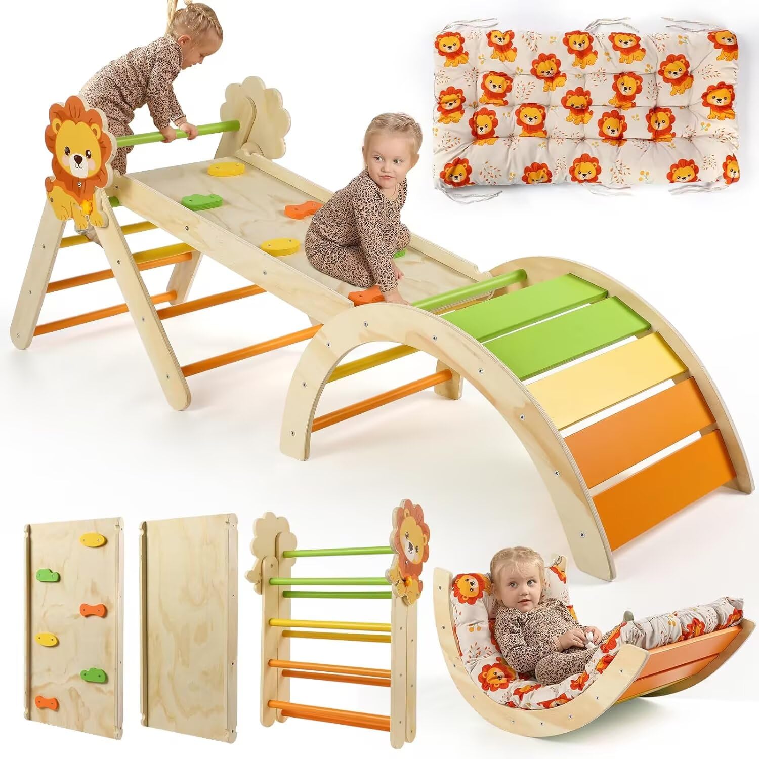 Pikler Triangle Set with Cushion, 7 in 1 Toddler Climbing Toys Indoor