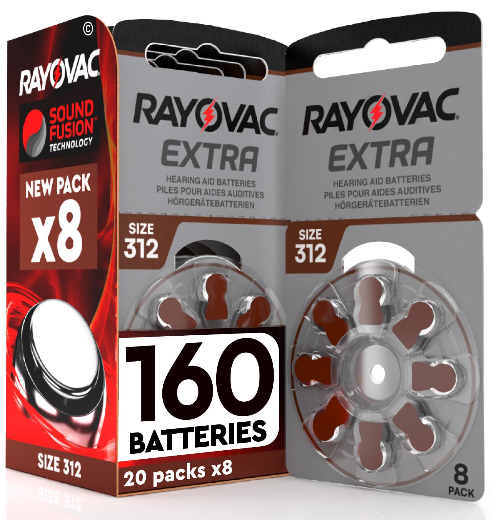 160 batterie per apparecchi acustici Rayovac Extra Size 312. - 20 blister da 8 batterie