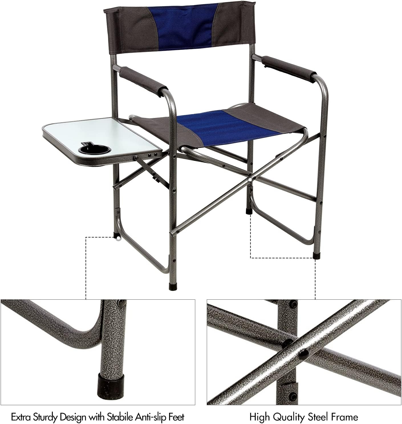 Portal Compact Steel Frame Folding Director's Chair Portable Camping Chair with Side Table, Supports 225 LBS