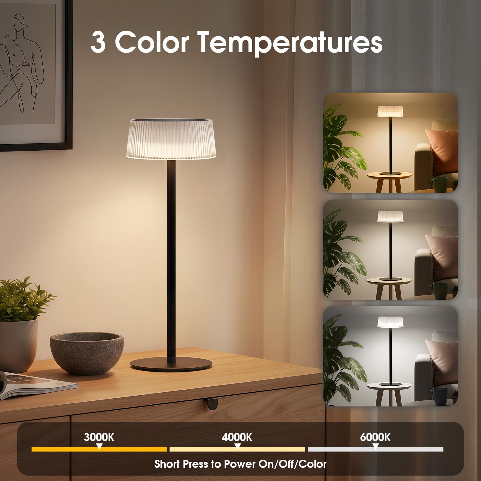 Lámpara de Mesa LED Inalámbrica 2 Piezas, Lamparas de Mesa Recargable con Batería 4000 mAh, Solar y USB-C, Regulable Táctil 3 Temperaturas, IP65 Lámpara Solar Exterior Terraza Jardín Dormitorio
