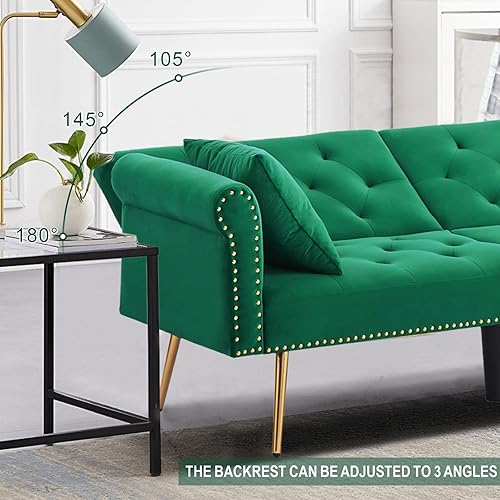 Miniatura 4 de Sofá cama futón de terciopelo, sofá cama plegable convertible con 2 almohadas, sofá biplaza reclinable copetudo de 73 pulgadas con patas de metal
