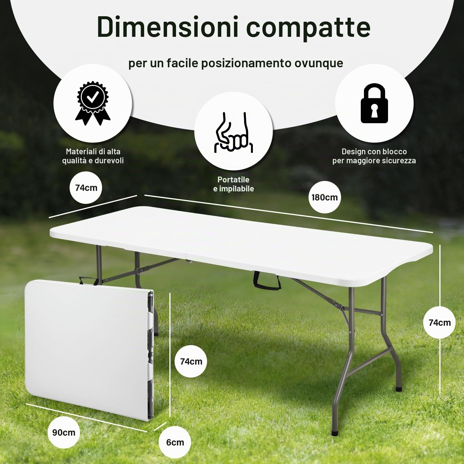 DEWINNER Tavolo Pieghevole 180x74x74 cm, massimo 150 kg, Materiale HDPE, 6 o 8 posti, Tavolo da giardino pieghevole Bianco portatile con serratura di sicurezza, Adatto per buffet, festival, campeggio