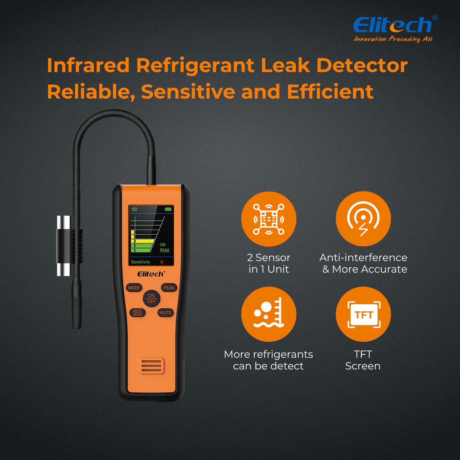 Detector de Fugas de refrigerante Elitech IR-200 2 en 1 Probador de Alta sensibilidad con Sensor Dual de diodo infrarrojo y calentado Vida útil de 10 años