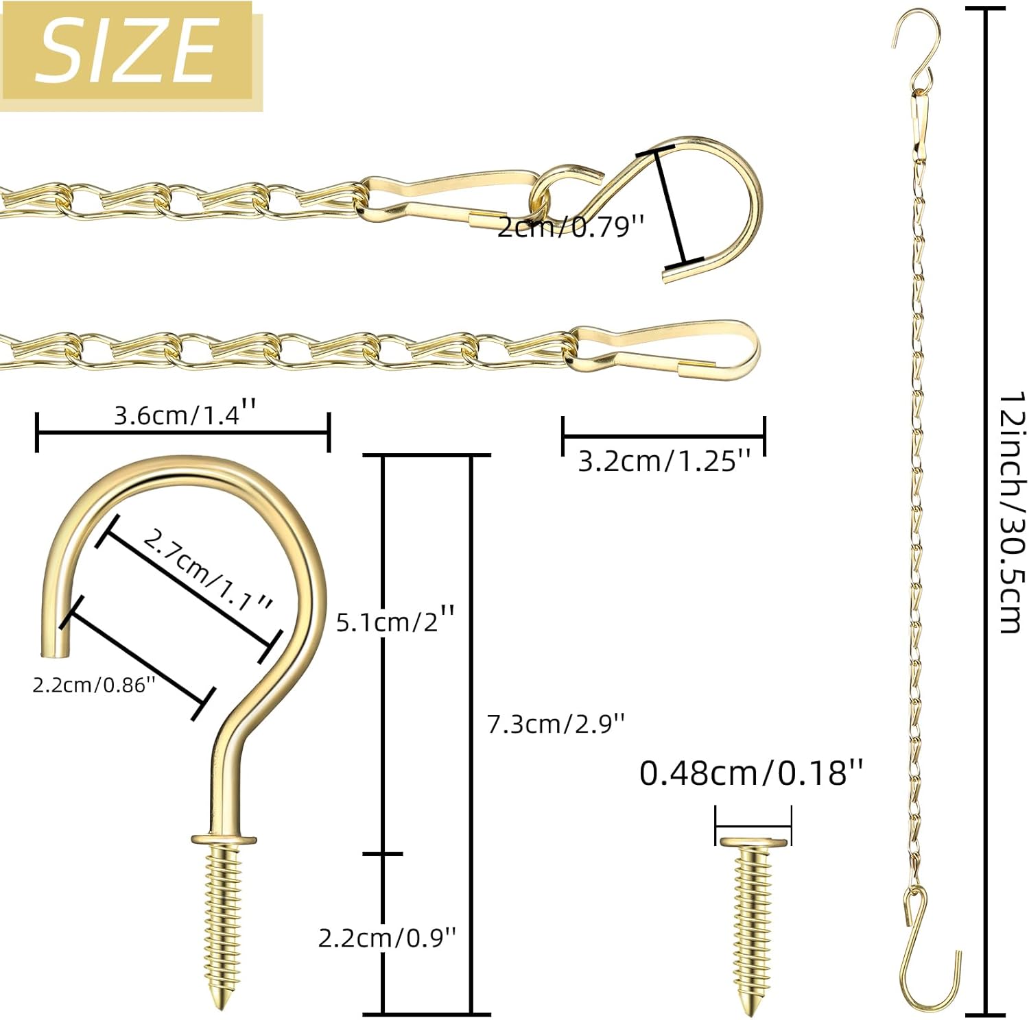 Hotop 8 Pcs Metal Hanging Chains with Ceiling Hooks, Garden Plant Hangers for Hanging Bird Feeders, Billboards, Chalkboards, Basket, Planters, Lanterns, Wind Chimes, Chain Hook DIY(12 Inch,Gold) - Image 2