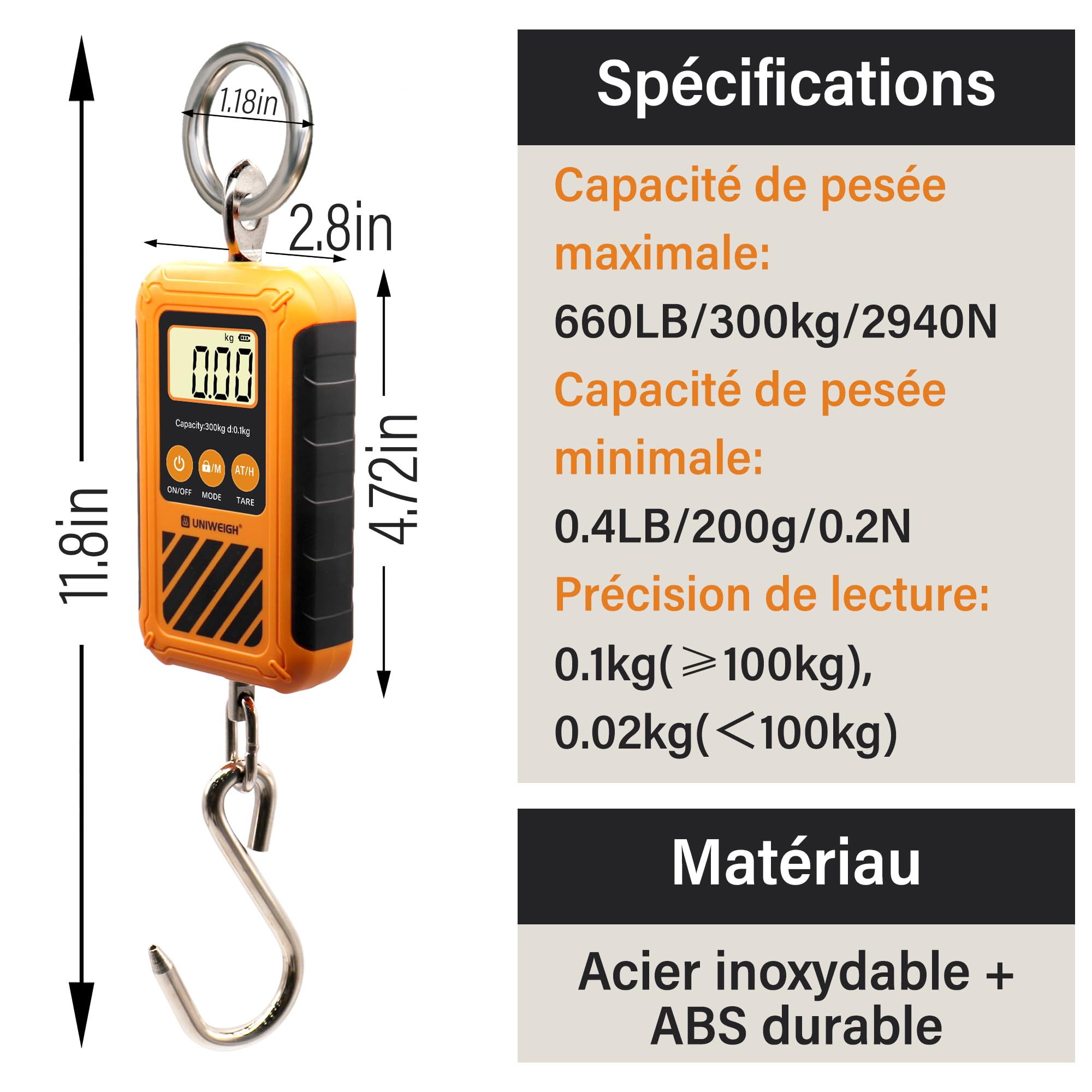 UNIWEIGH Numérique Balance à bagages,300KG/660LB Mini balance à grue,Postale suspendue avec écran LCD,Portable à main&Grand crochet,Échelle de cerf avec Hold&Tare,pour Garage Farms Chasse Pêche