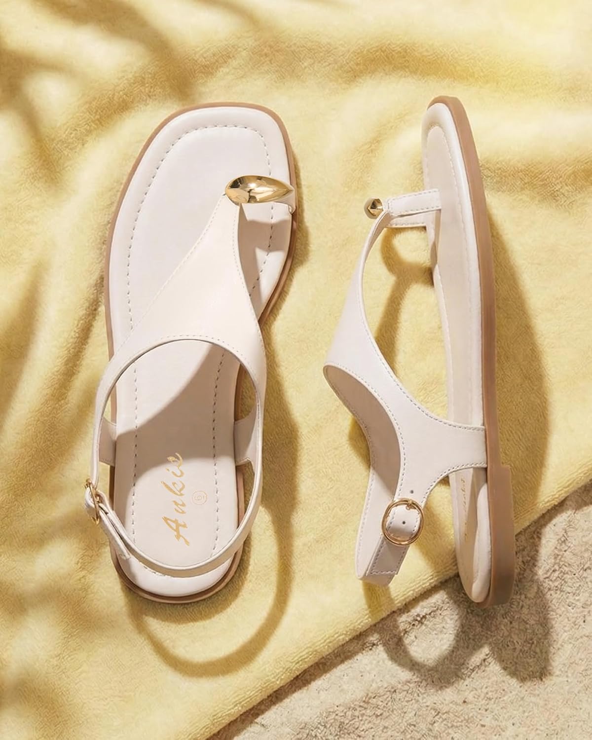 Womens Toe Ring Thong Sandals Square Open Toe Flat Sandals Adjustable Ankle Buckle Strap Comfort Summer Beach Casual Walking Flip Flops for Women