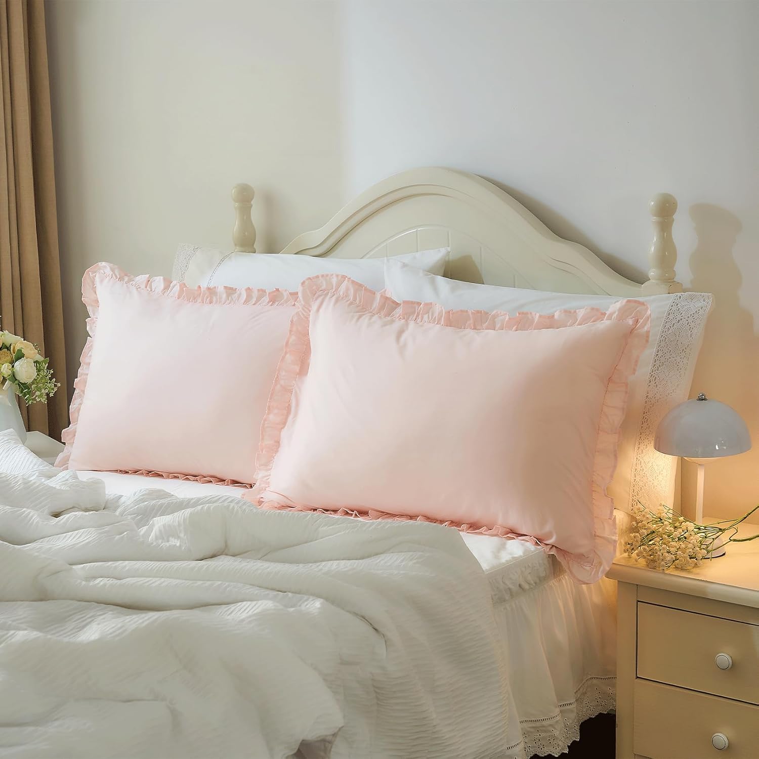 Pink Ruffle Pillow Cases Set of 2, 100% Cotton King Size Farmhouse Pillow Shams with Envelope Closure, Elegant Vintage Pillow Covers for Bedding, 20 x 36 inches