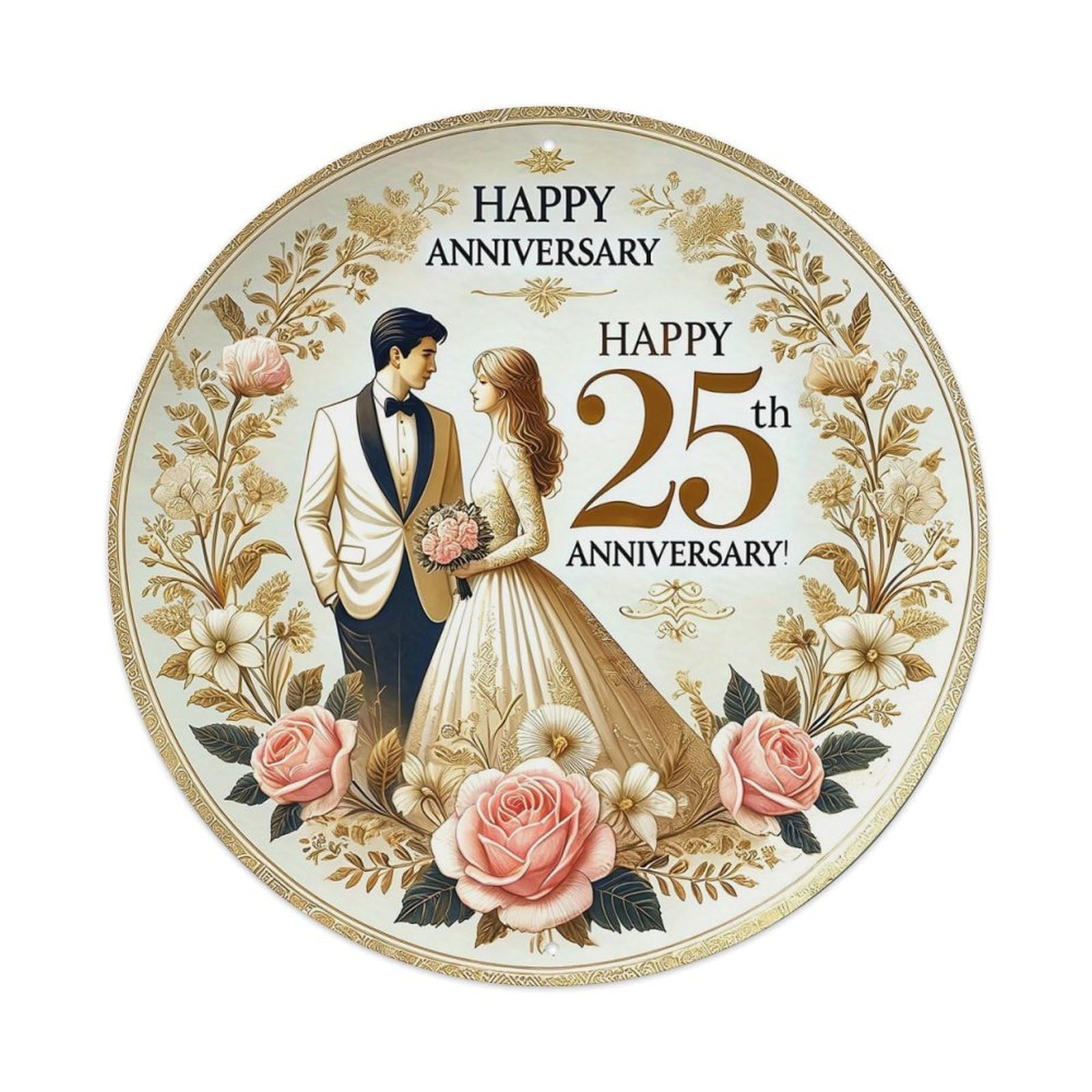 Floral Couple Wedding Anniversary Design Round Tin Sign Vintage Metal Sign Home Bar Garden Indoor & Outdoor Wall Decor Retro Metal Poster 8x8 Inch