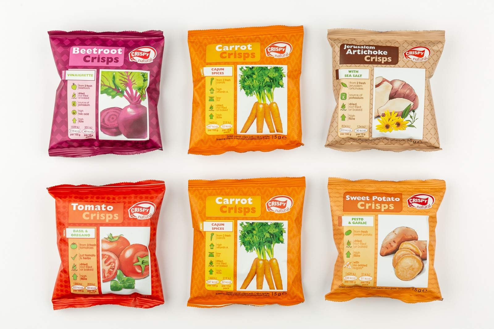 Mix of dried vegetable crisps: tomatoes, Jerusalem artichokes, 2x carrots, beetroots, sweet potatoes (6x15g)