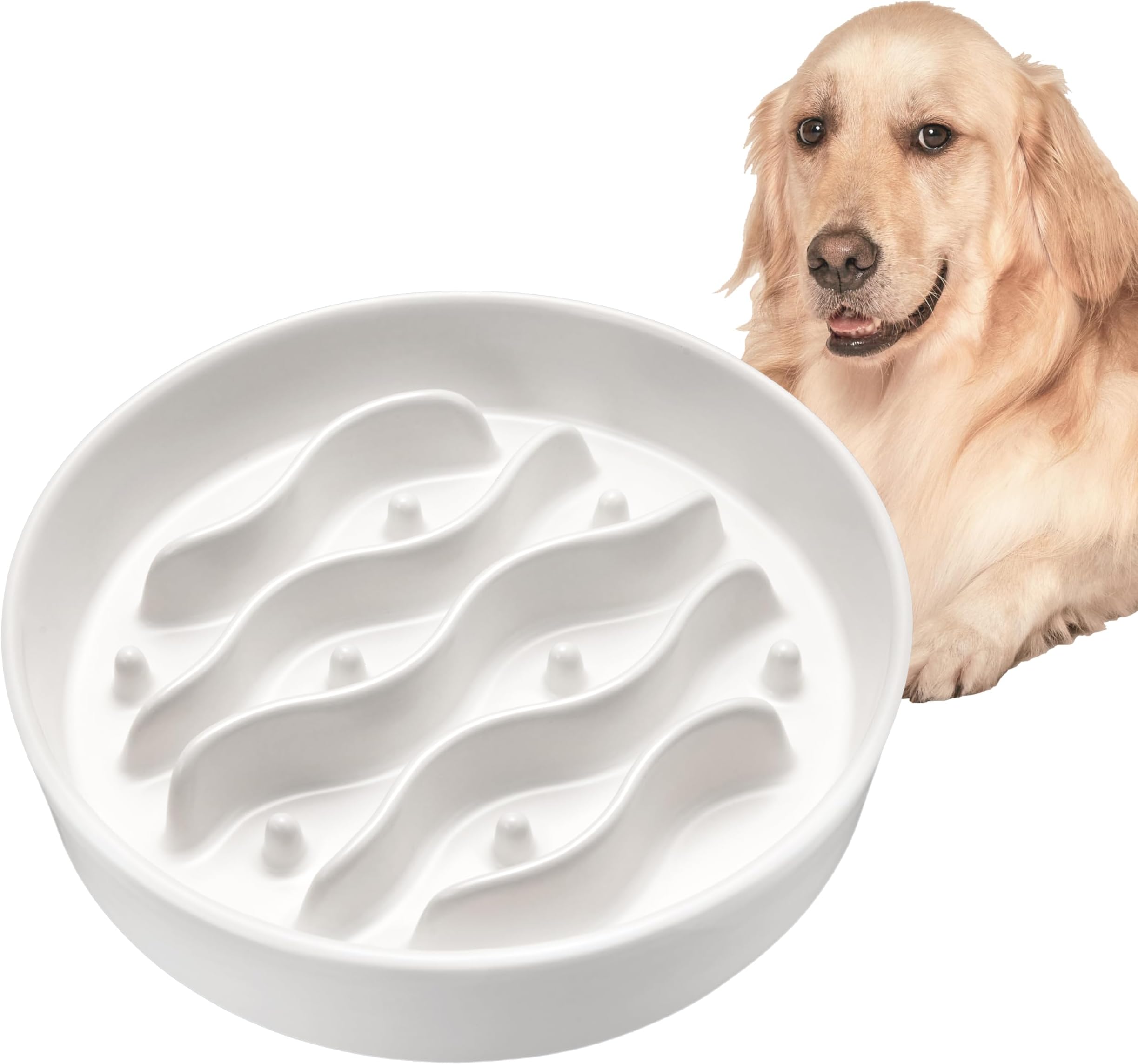 Ceramic Slow Feeder Dog Bowls for Medium and Large Breed, 8-Inch Dog Slow Feeder Bowl for Fast Eaters, 33oz, Ivory White