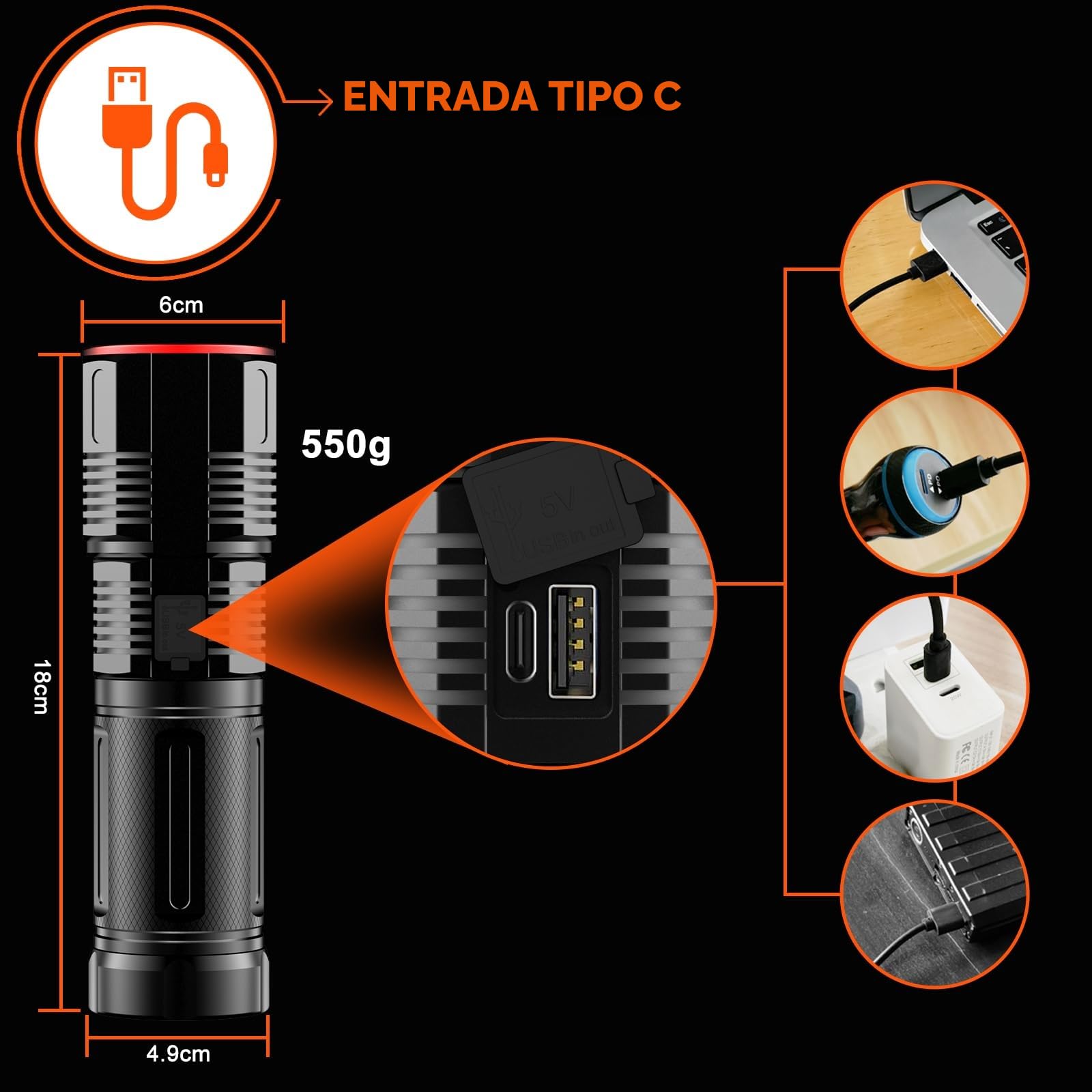 Relybo Linternas LED Alta Potencia 1000000 Lúmene, Regulación Continua | Recargable USB-C, Zoom, Largo Alcance, 4 Modos Fijos, Pantalla LCD, Linterna Grande, Potente, Emergencia Camping Exterior