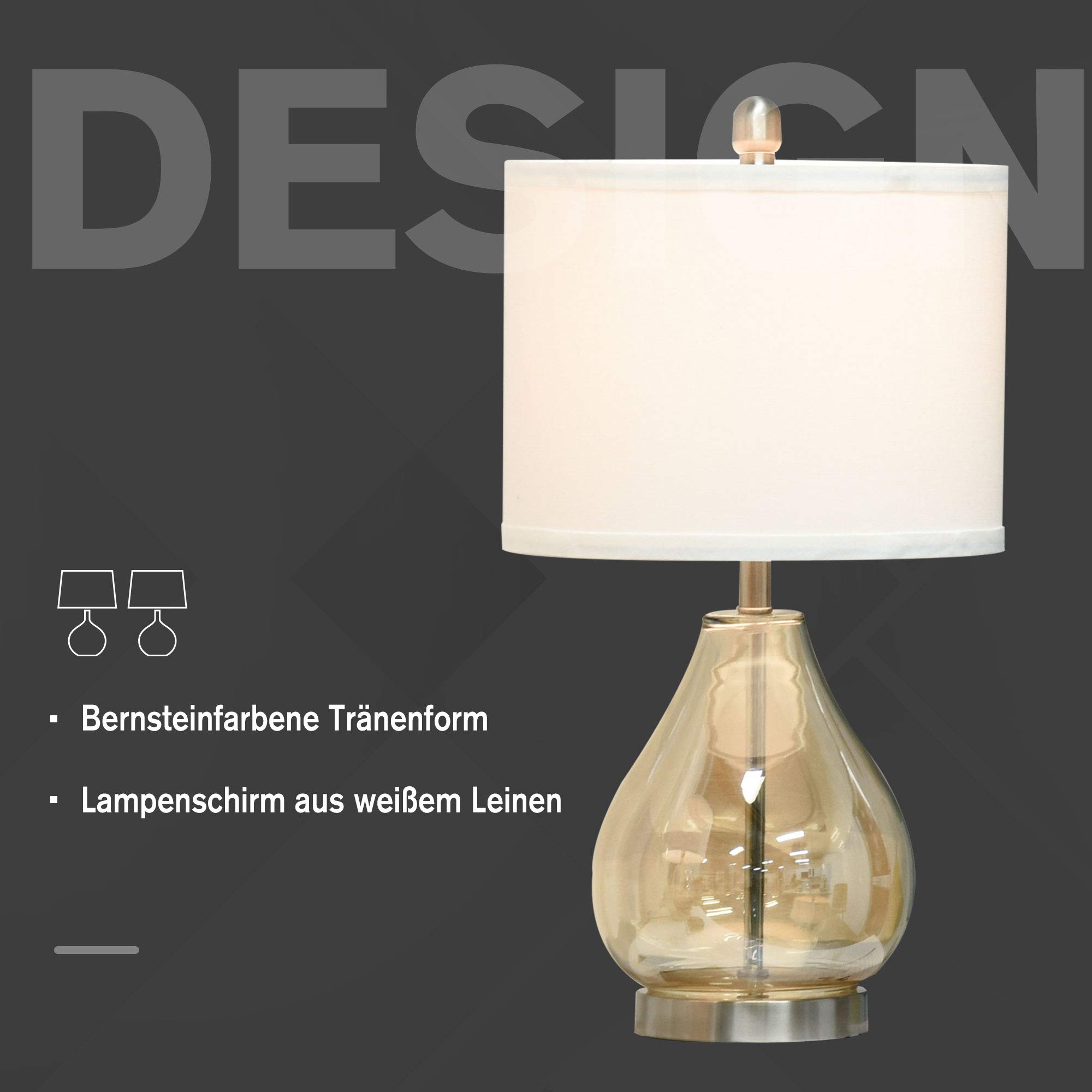 HOMCOM Tischlampe 2er-Set Tischleuchte mit Leinen-Lampenschirm, Glas tropfenförmigen Stangen, Nachttischlampe mit E27-Fassung, für Schlafzimmer, Wohnzimmer, Weiß