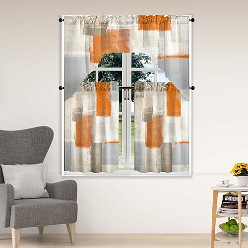 Juego de cortinas de ventana de nivel y botín naranja, 3 piezas, juego de cenefa de arte abstracto, cortina gris con bolsillo para barra para