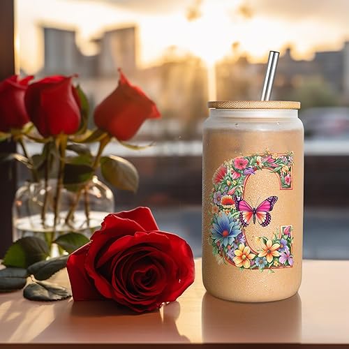Miniatura 2 de GSPY Vasos de vidrio con inicial de 16 onzas con tapas y pajitas, tazas personalizadas, regalos con monograma para mujeres, vaso de flores y