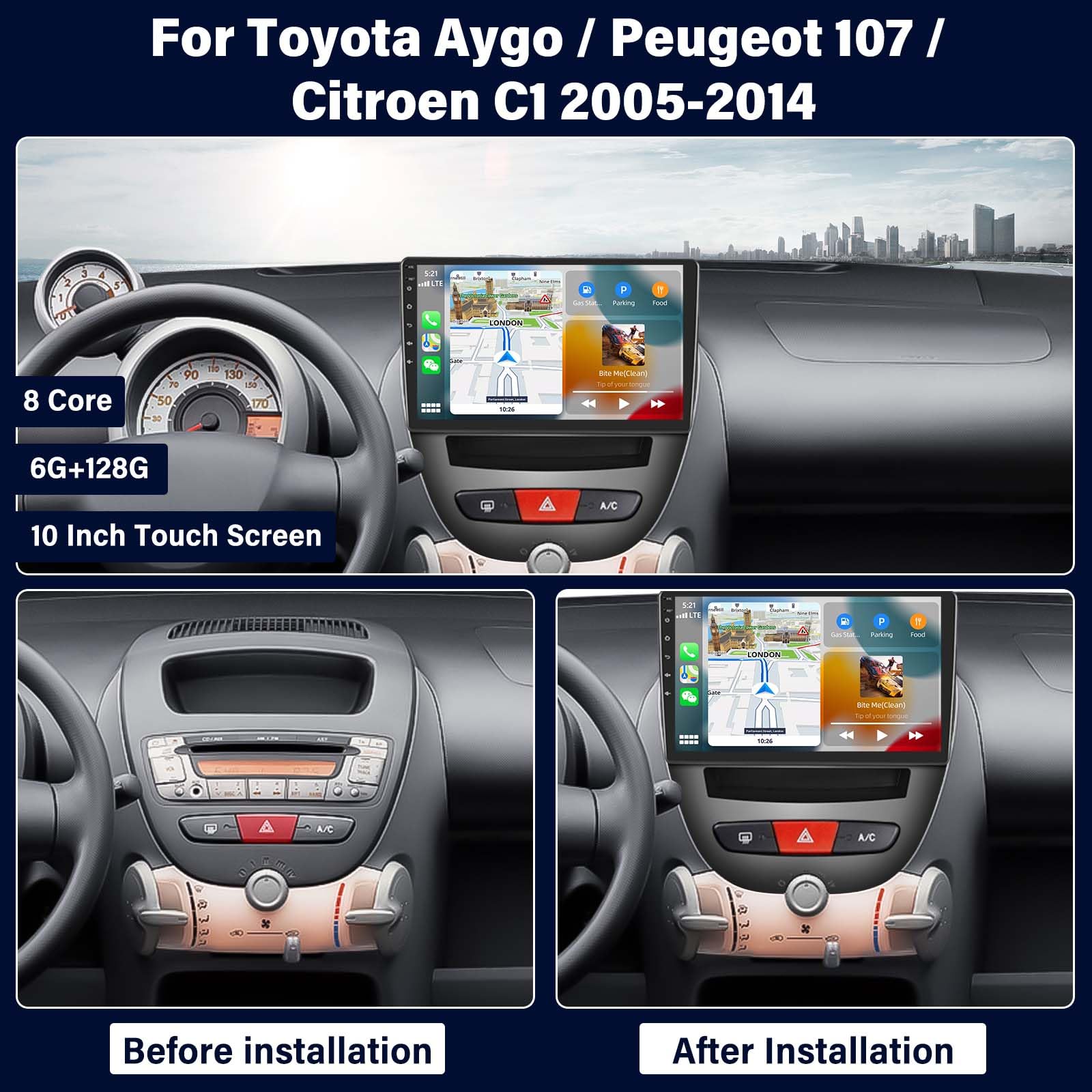 6G 128G 8 Core Android Autoradio voor Toyota Aygo/Peugeot 107